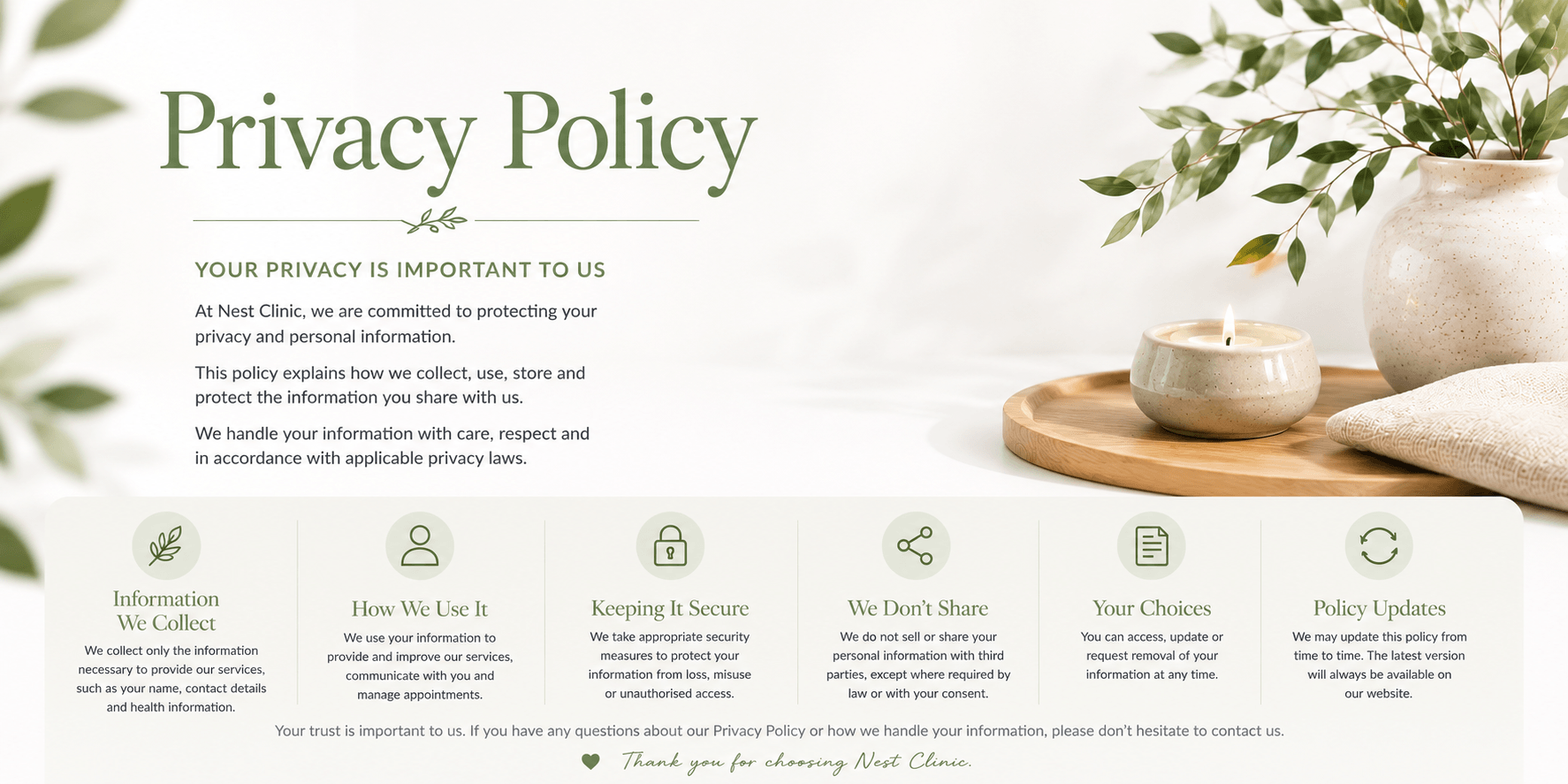 A privacy policy webpage for Nest Clinic featuring a white background, green text, decorative leaves, a lit candle in a ceramic holder, a large white vase with green leaves, a beige cloth, and icons representing information collection, security, sharing, options, and updates.