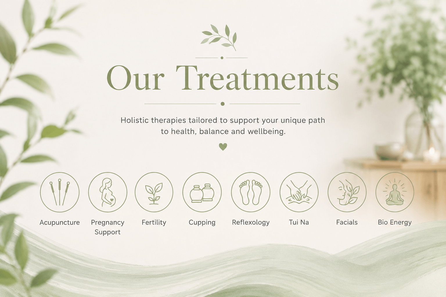 Nest Clinic menu listing holistic therapies: acupuncture, pregnancy support, fertility, cupping, reflexology, Tui Na, facials, and bio energy.