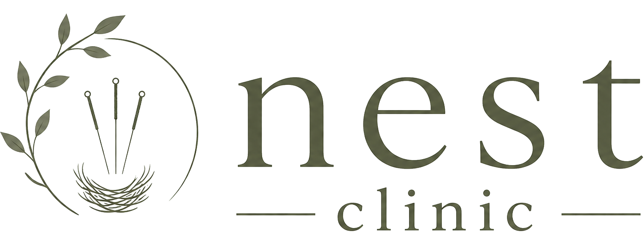 Logo for Nest Clinic featuring a circular design with leafy branches and needles, with the text 'nest clinic' in a soft green font.
