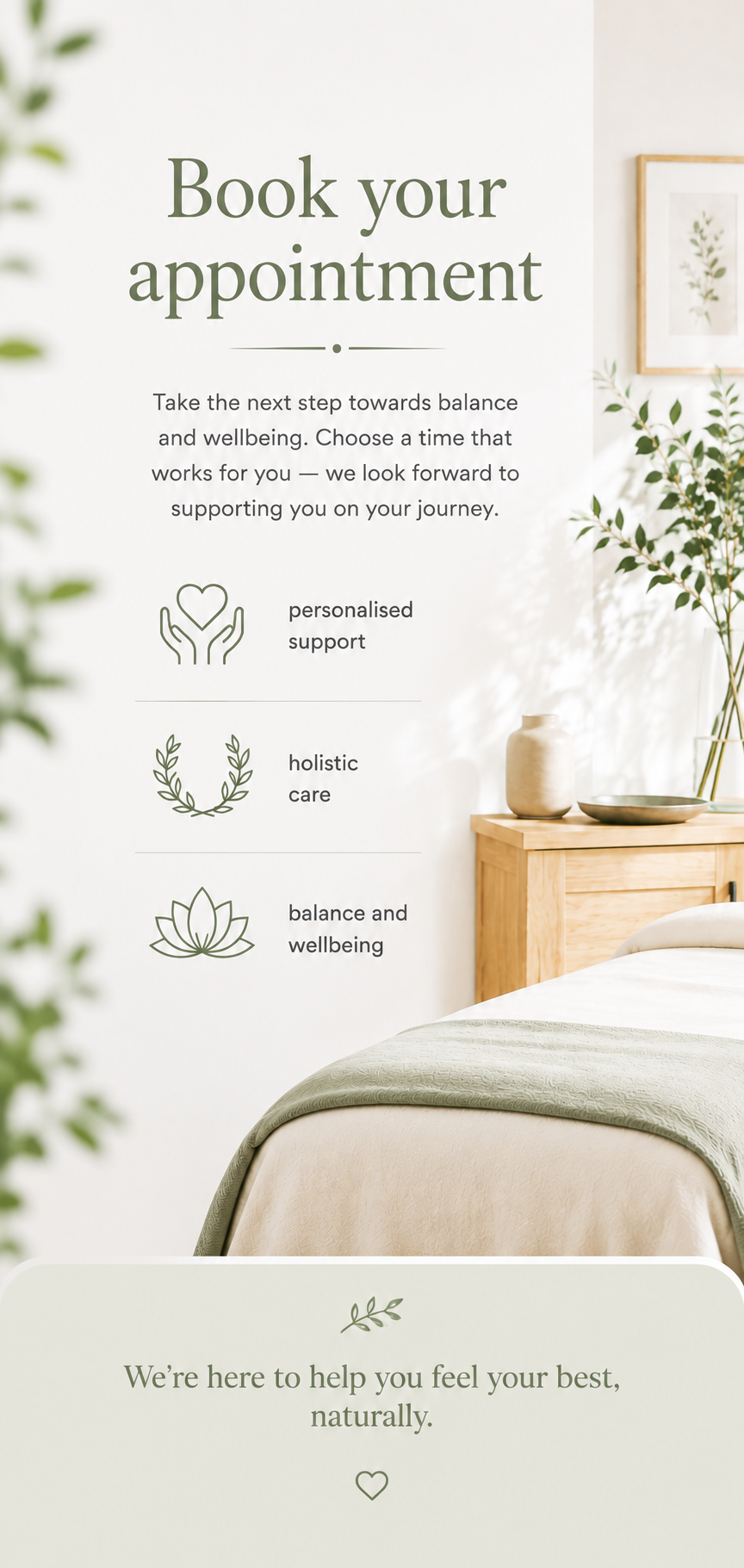 A poster on a wall inviting to book an appointment, with text about balance and wellbeing. The poster has icons representing support, holistic care, and balance. The surrounding room features a wooden nightstand, decorative items, a bed with light bedding, and natural light.