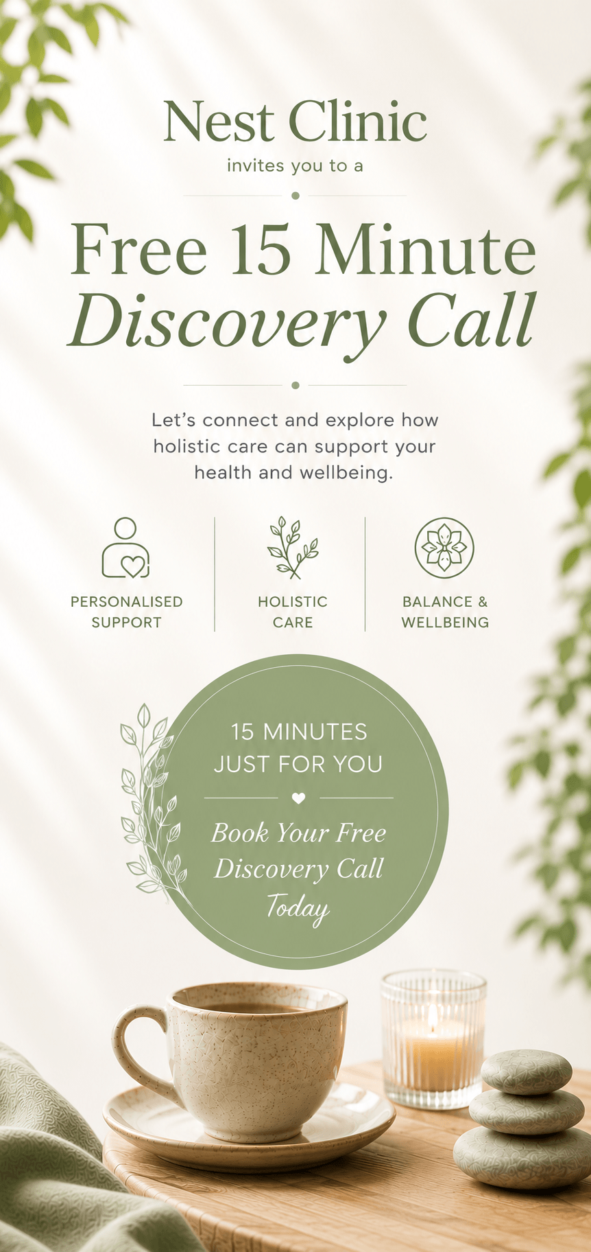 Advertisement for Nest Clinic promoting a free 15-minute discovery call, emphasizing personalized support, holistic care, and balance and wellbeing, with a cup of tea, a lit candle, and stacked stones on a wooden table.