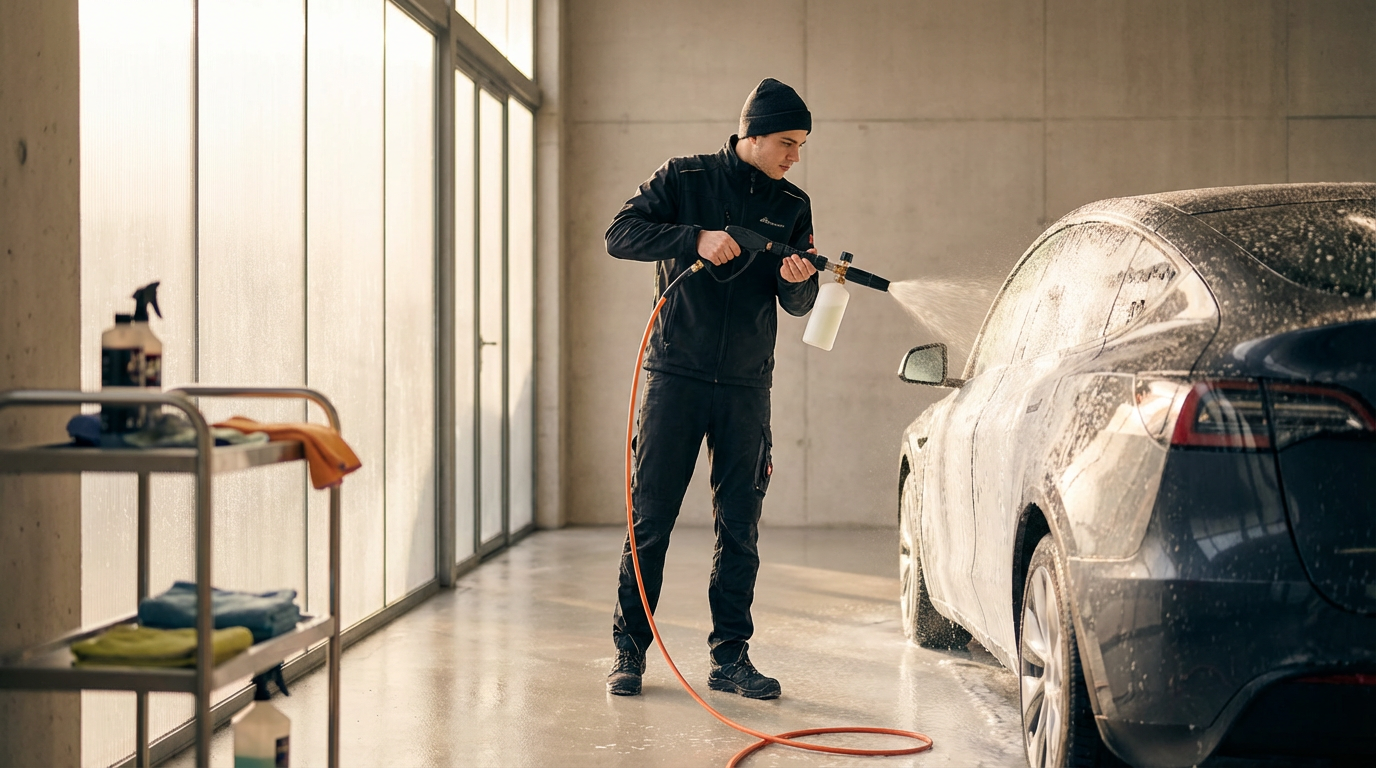 A man wearing a black jacket, pants, and a beanie washing a black car in a garage using a pressure washer.