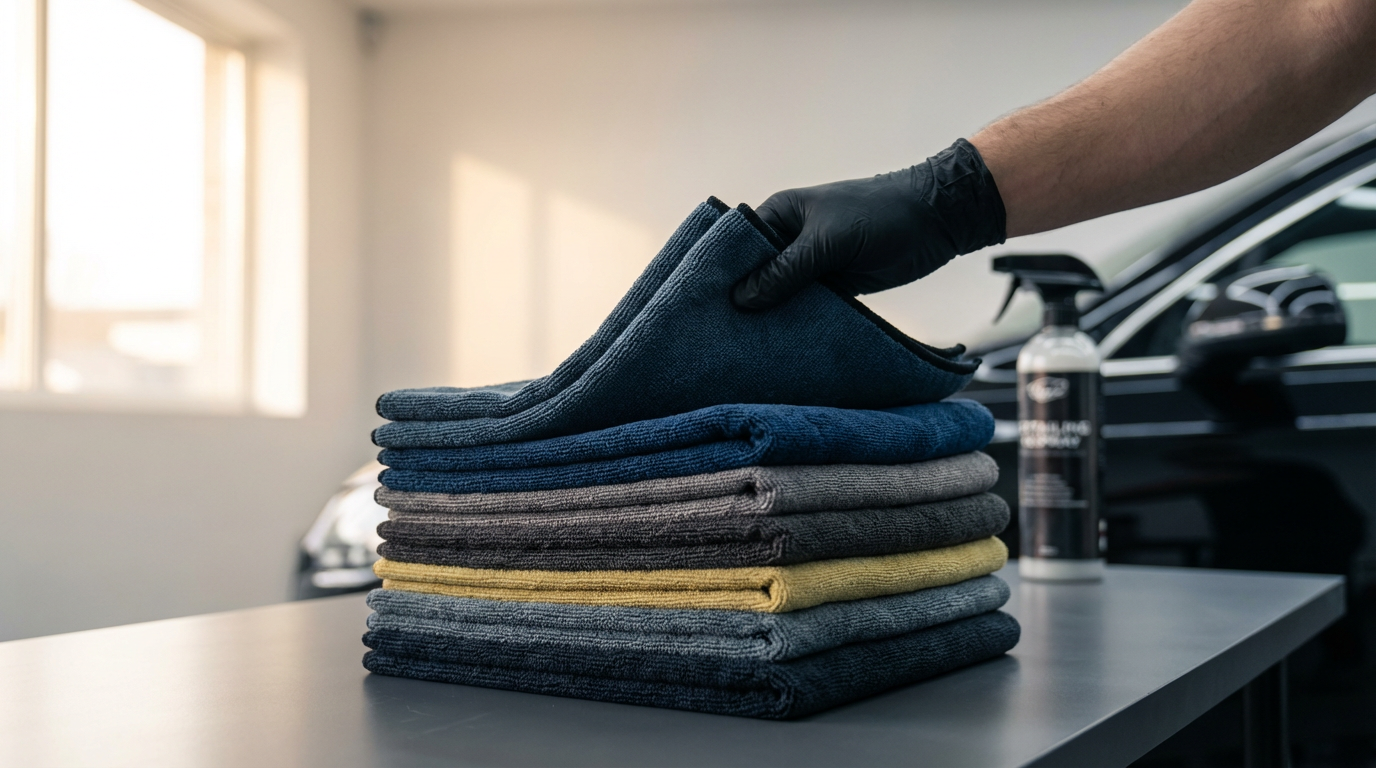 A person wearing black gloves folding a stack of folded clothes on a table, with a car and windows in the background.
