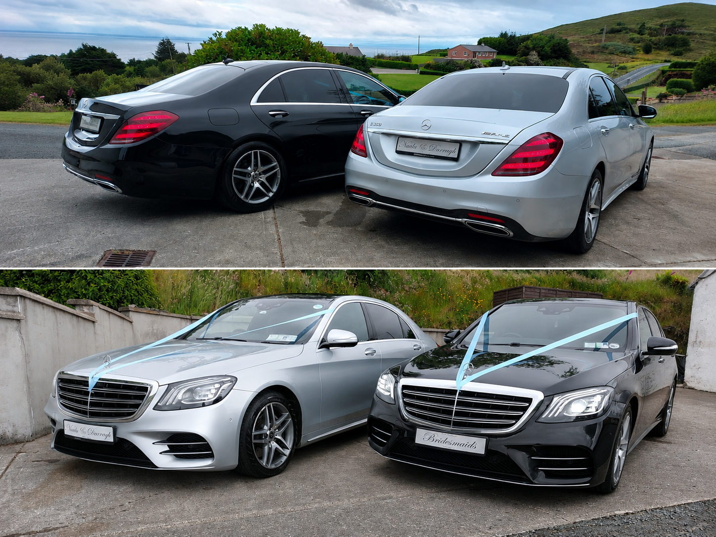 Two pairs of luxury sedans, black and silver, parked outdoors. The top pair includes a black Mercedes-Benz and silver Mercedes-Benz, with a scenic green landscape in the background. The bottom pair includes silver and black Mercedes-Benz cars with ribbons, indicating they are wedding cars, with a concrete wall and greenery in the background.