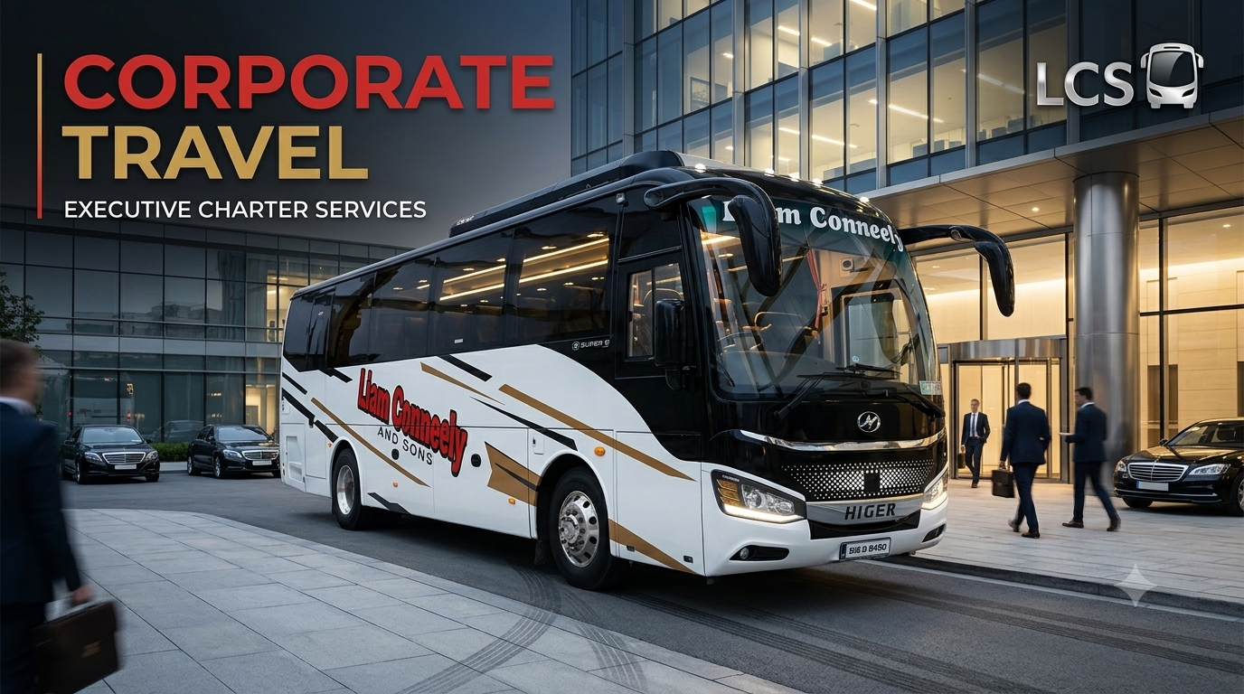 A white and black bus with 'Llam Connected and Sons' written on its side, parked outside a modern office building at dusk, with people in business attire walking nearby.