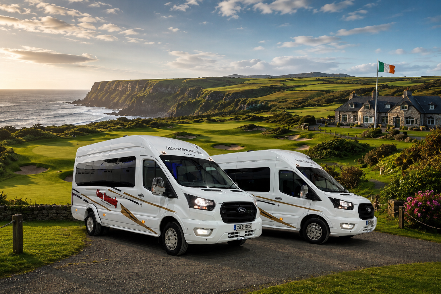 Two white tour vans parked on a gravel lot facing a scenic coastal golf course with cliffs, green fairways, sand traps, a house with an Irish flag, and the ocean in the background during sunset.