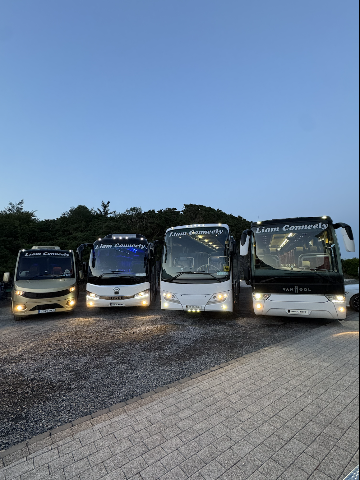 Four buses parked in a line outdoors during dusk, with a wooded hillside in the background and a paved parking area in the foreground. The buses have 'Liam Conneely' written on the front.