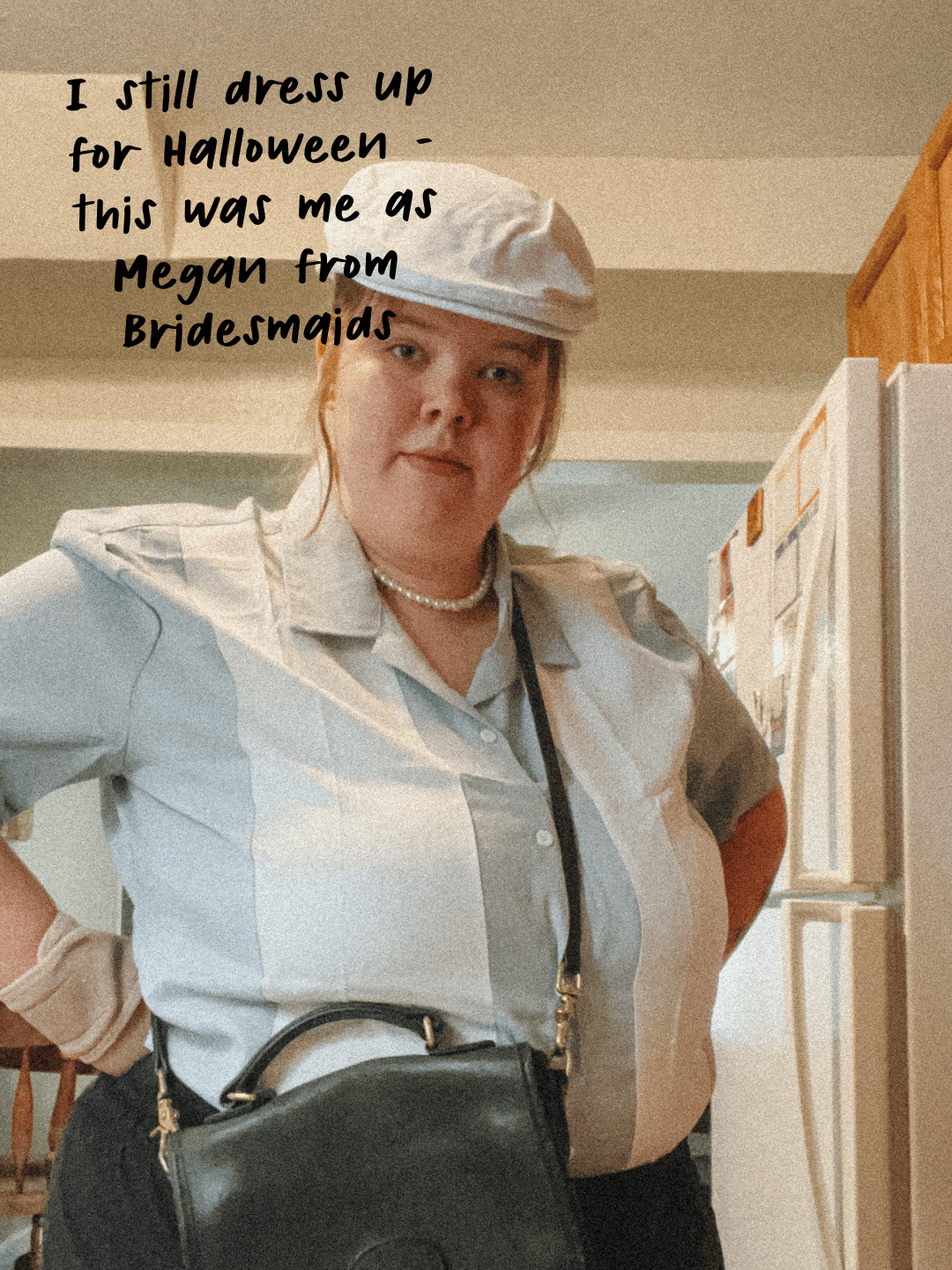 Photo of Marin dressed up as Megan from Bridesmaids for Halloween. The text says, "I still dress up for Halloween – this was me as Megan from Bridesmaids." 