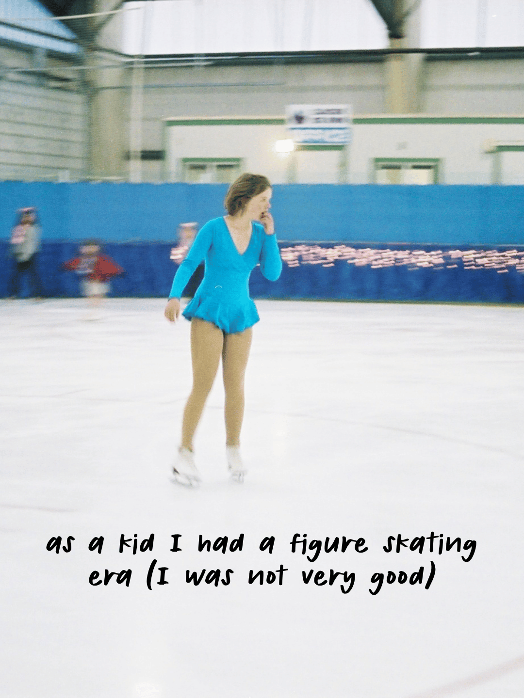 Photo of Marin figure skating as a kid. Text says, "As a kid I had a figure skating era (I was not very good)."