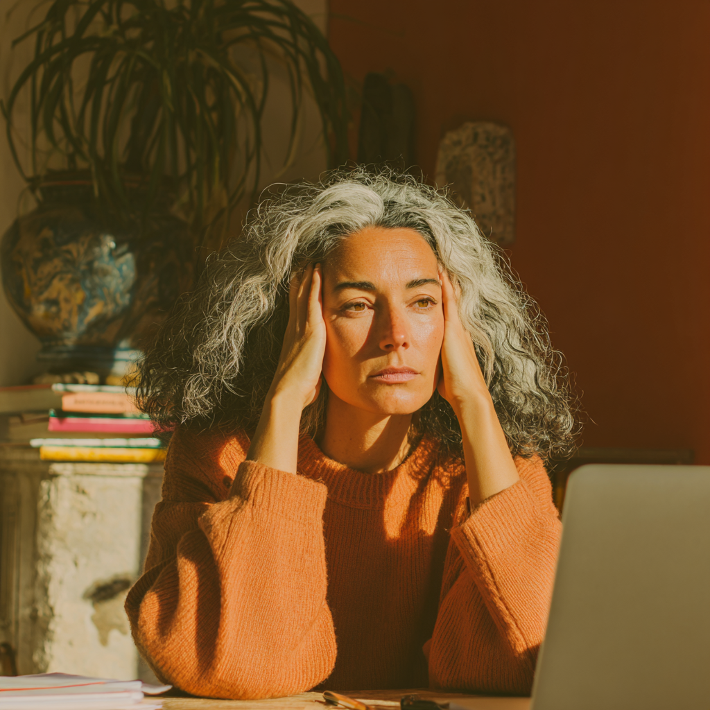 Woman looking stressed in front of her laptop
