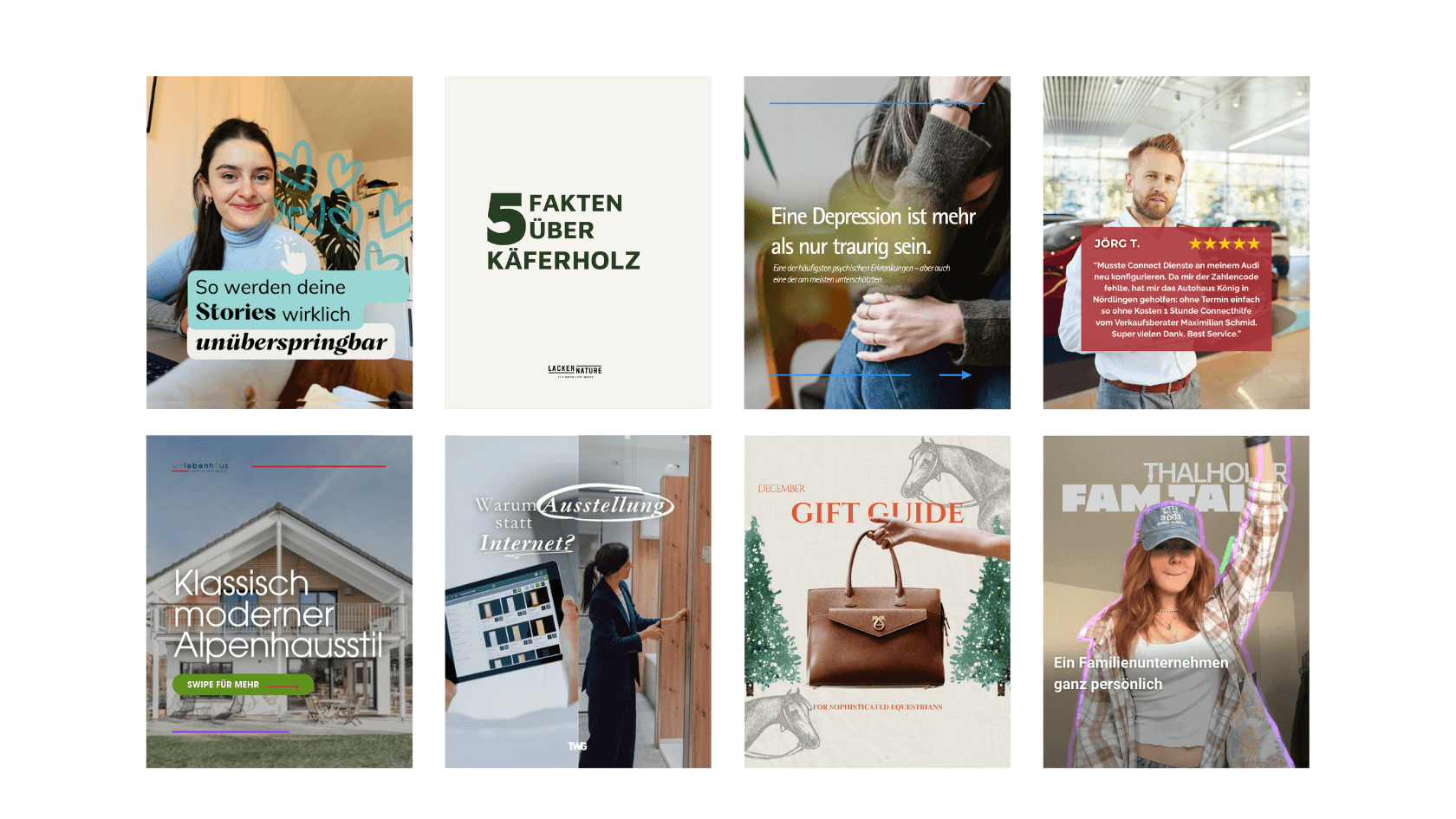 Einige digitale und gedruckte Buch- und Magazincover, die verschiedene Themen wie persönliche Geschichten, Natur, Depression, Autokauf, Architektur, Internet, Geschenke, Familienunternehmen und Pferde präsentieren.