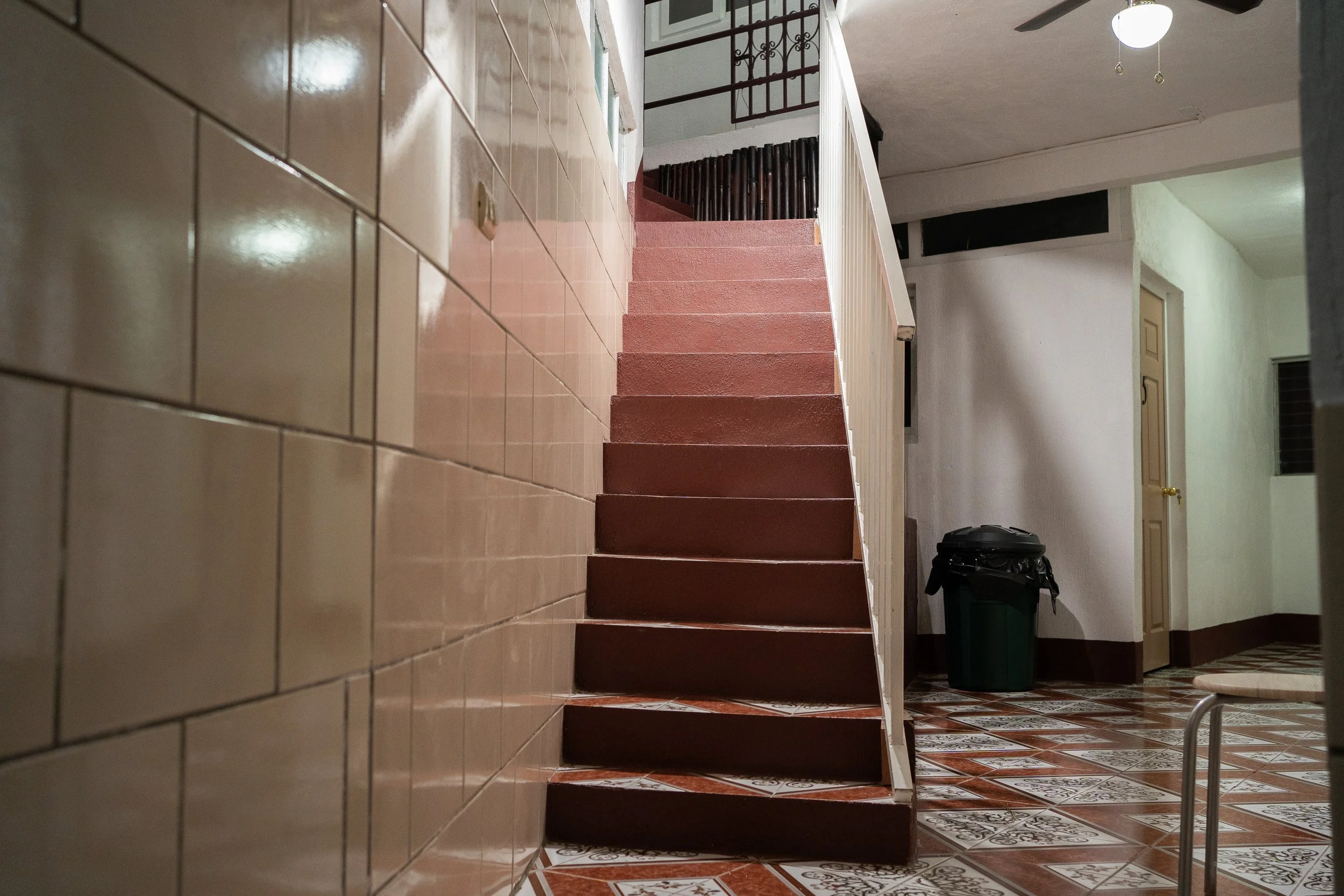 Interior view of a staircase with pink stairs and white railing, tiled floor, a ceiling fan, and a trash bin next to a door in a residential home.