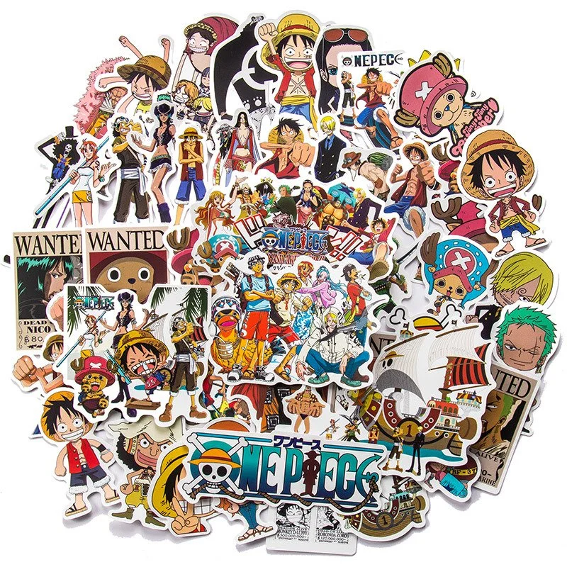 One Piece anime sticker pack featuring Luffy, Zoro, and Chopper waterproof vinyl decals