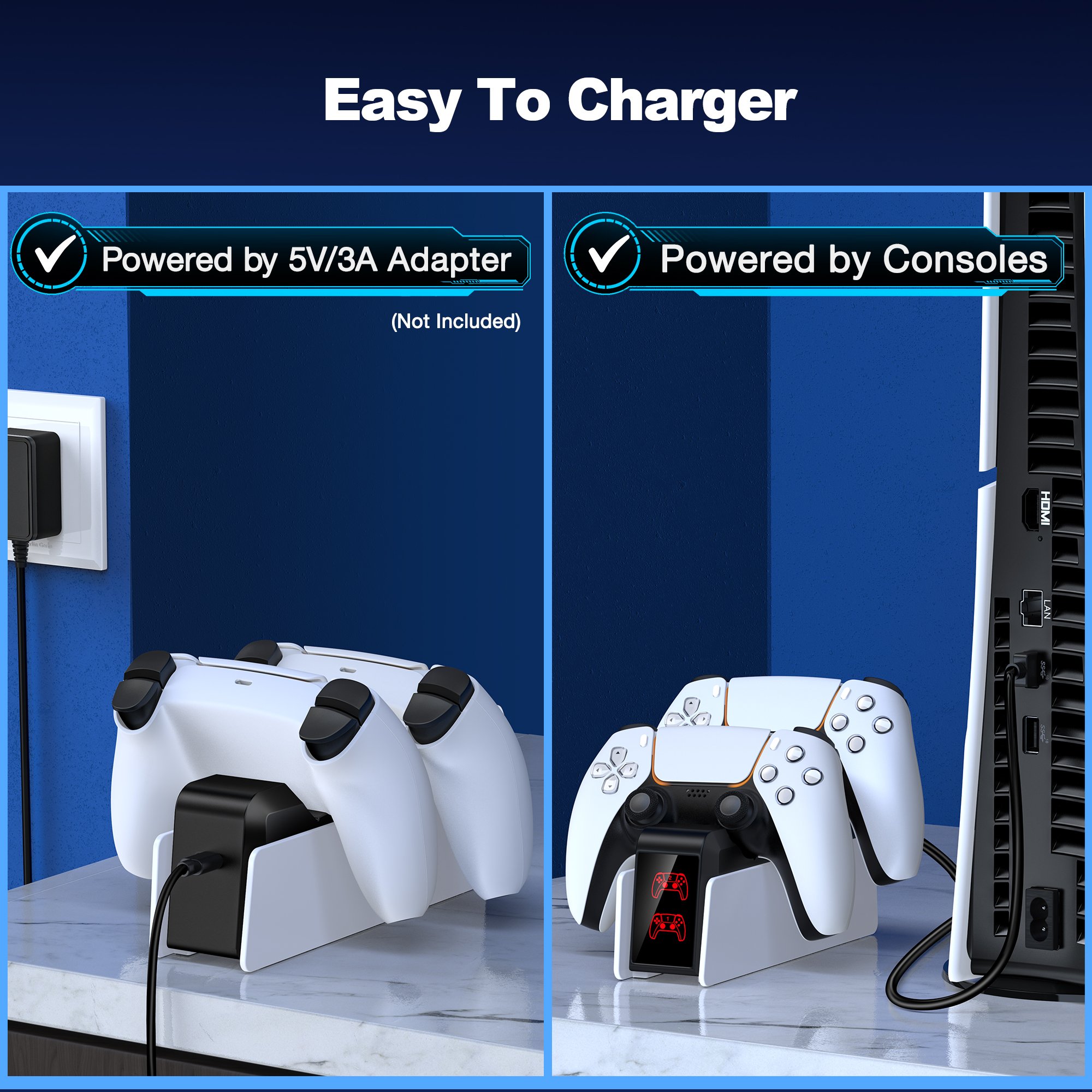 Two PlayStation 5 DualSense wireless controllers docked and charging on a fast charge station.