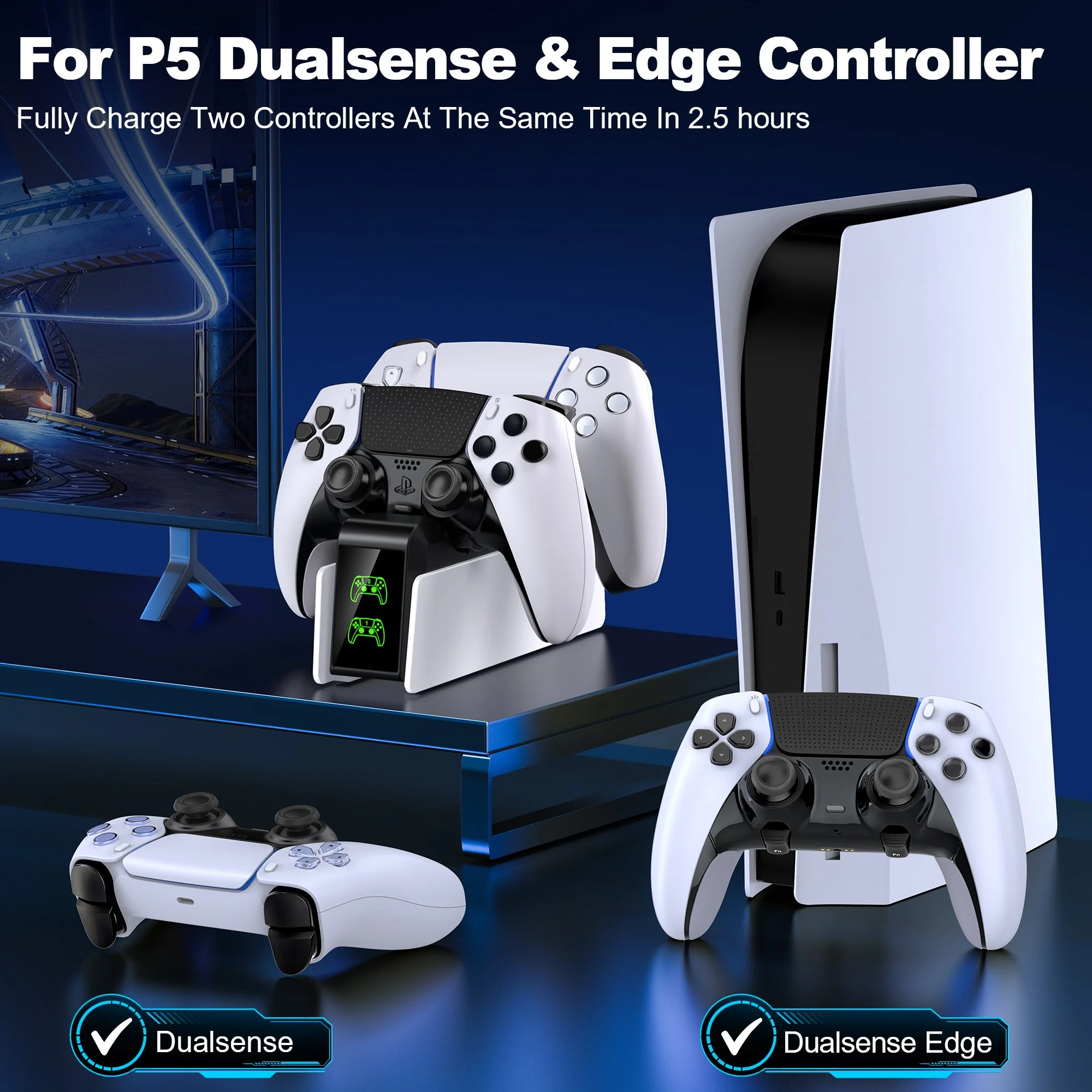 PS5 duo controller charger dock sitting next to a PlayStation 5 console on a modern gaming desk.