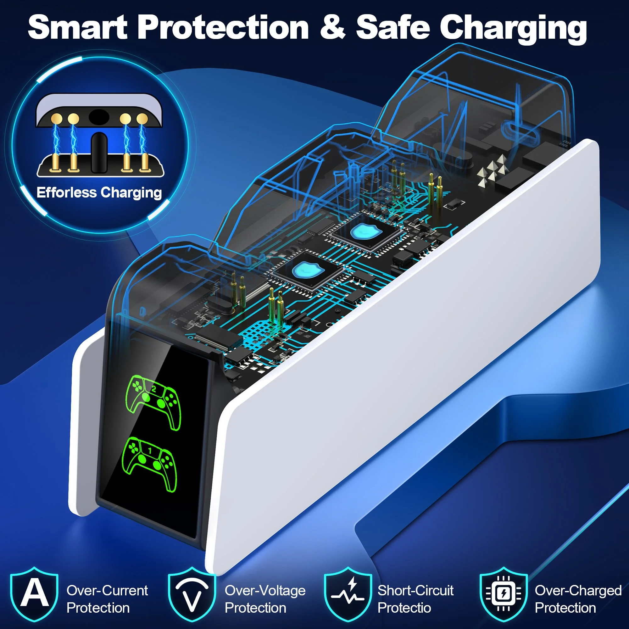 ED charging status indicator lights on a PS5 duo pad charger displaying red and blue power status