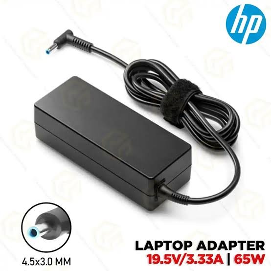 HP 4.5mm by 3.0mm blue tip connector with center pin on a 65W laptop charger cord