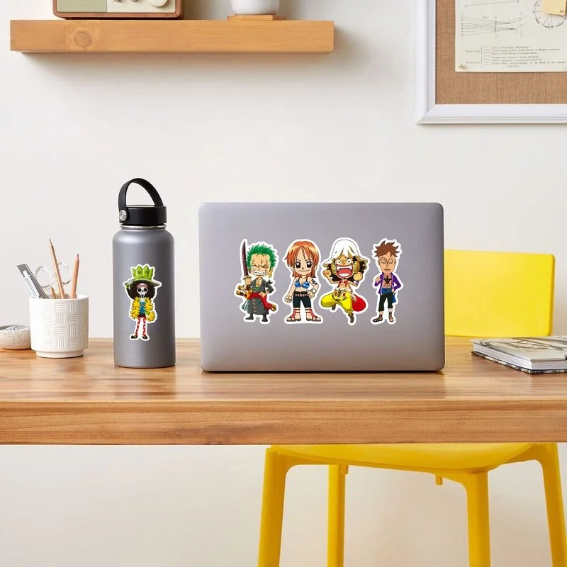 Anime stickers from One Piece on a hydro flask water bottle.