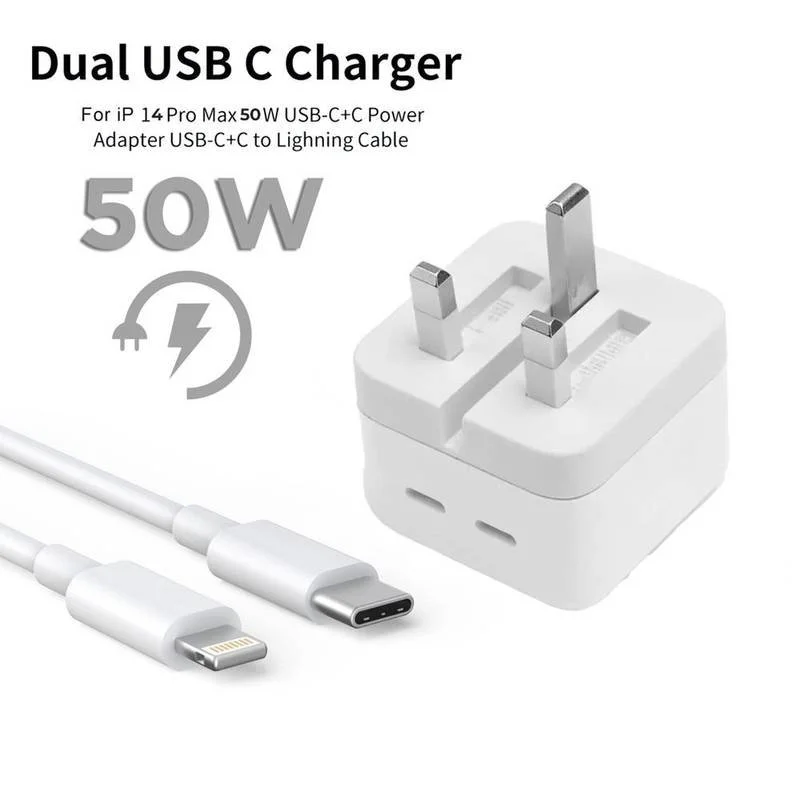 iPhone dual USB-C 50W fast charger adapter white twin port power delivery brick