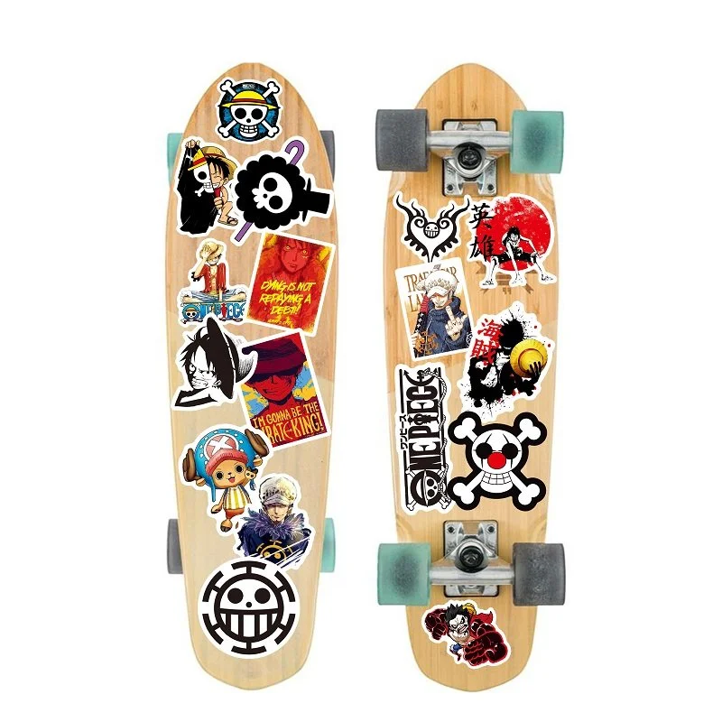 Anime stickers from One Piece on a skateboard