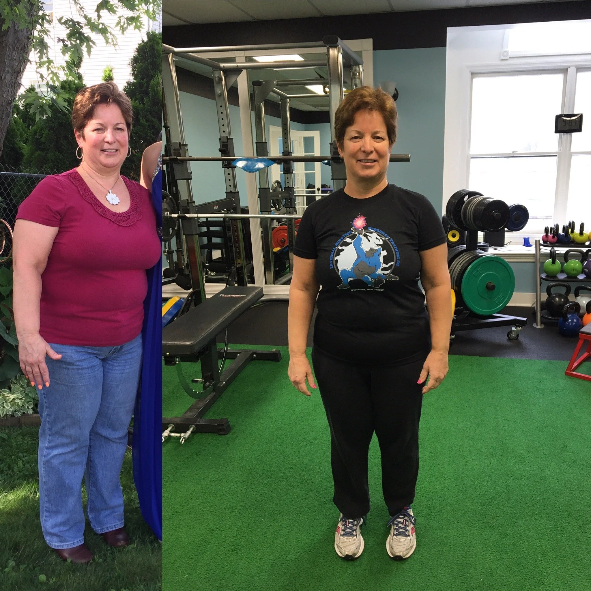 Two women posing for a photo; one woman is standing outdoors near a tree on the left, and the other woman is indoors at a gym on the right. The woman outdoors is wearing a magenta shirt, blue jeans, and jewelry, with short brown hair. The woman indoo