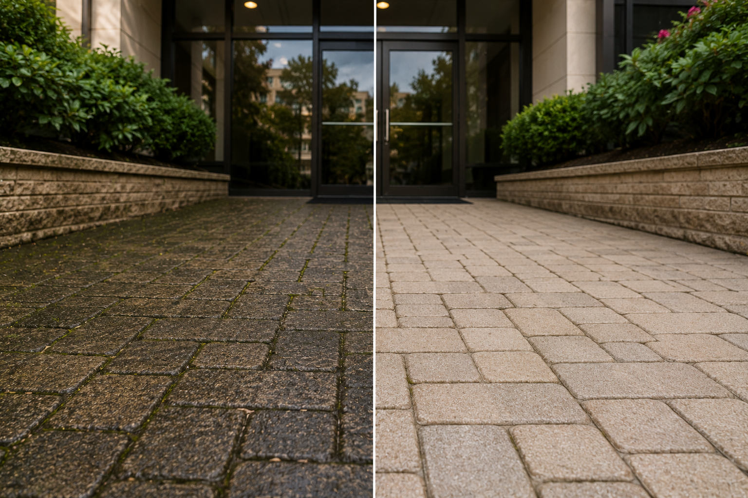 Comparison of two paved walkways in front of a building entrance, one darker and older on the left, lighter and newer on the right, with greenery and glass doors in the background.