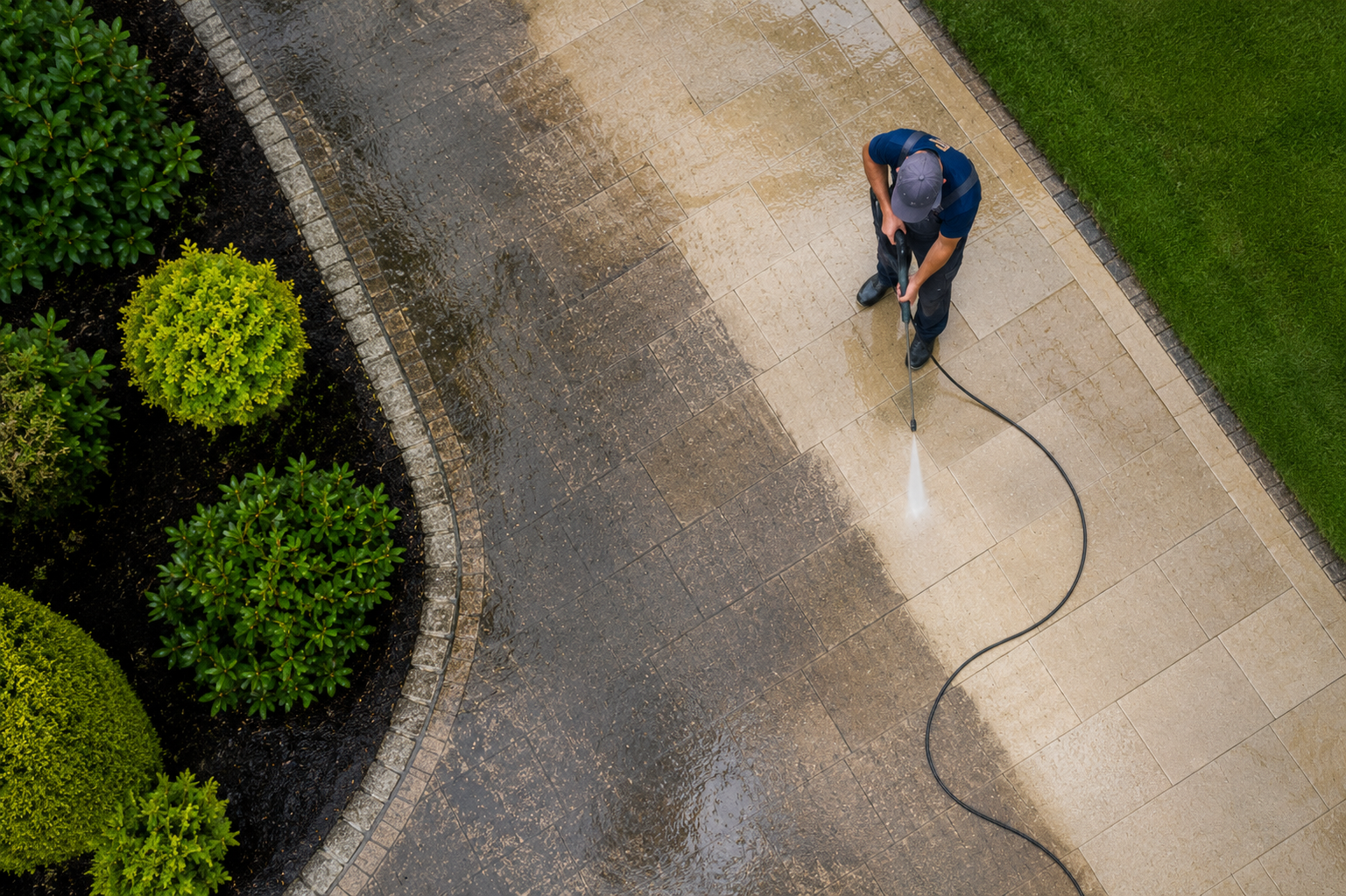 A man wearing a cap and uniform power washing a concrete patio, with green bushes and grass nearby.