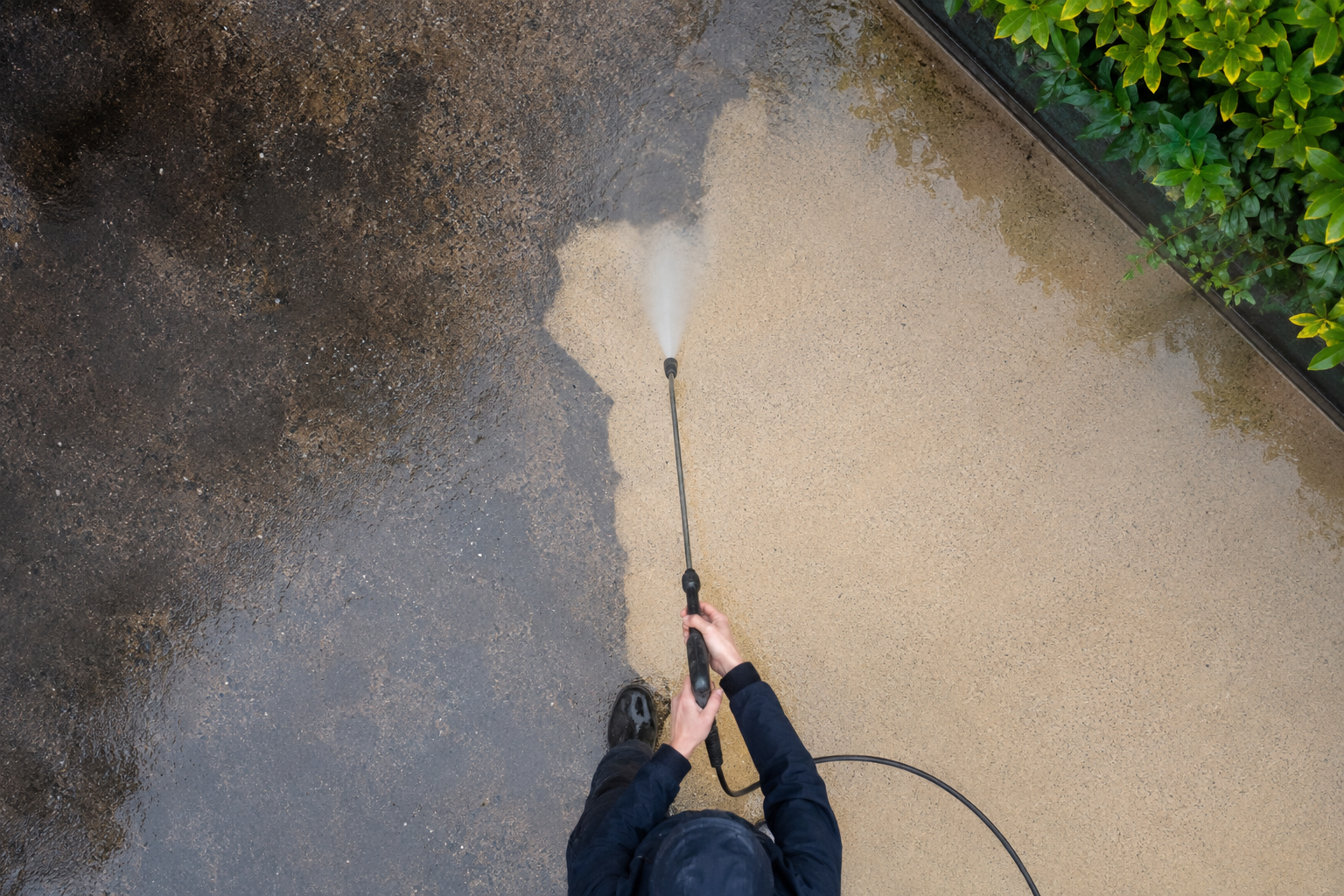 Person using a pressure washer to clean the driveway, which is wet and partly clean, with green bushes on the side.