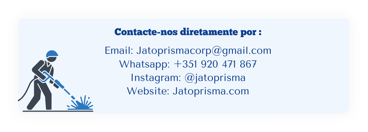 Contact information for Jato Prisma, including email, WhatsApp, Instagram handle, and website, with an illustration of a worker using a power washer.
