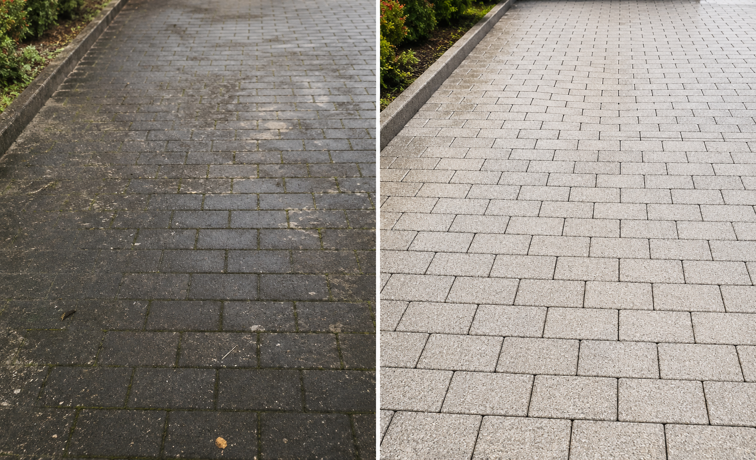 Comparison of two paved pathways; the left pathway has older, darker, worn asphalt with visible dirt and debris, while the right pathway has newer, lighter, well-maintained, and evenly laid paving stones.