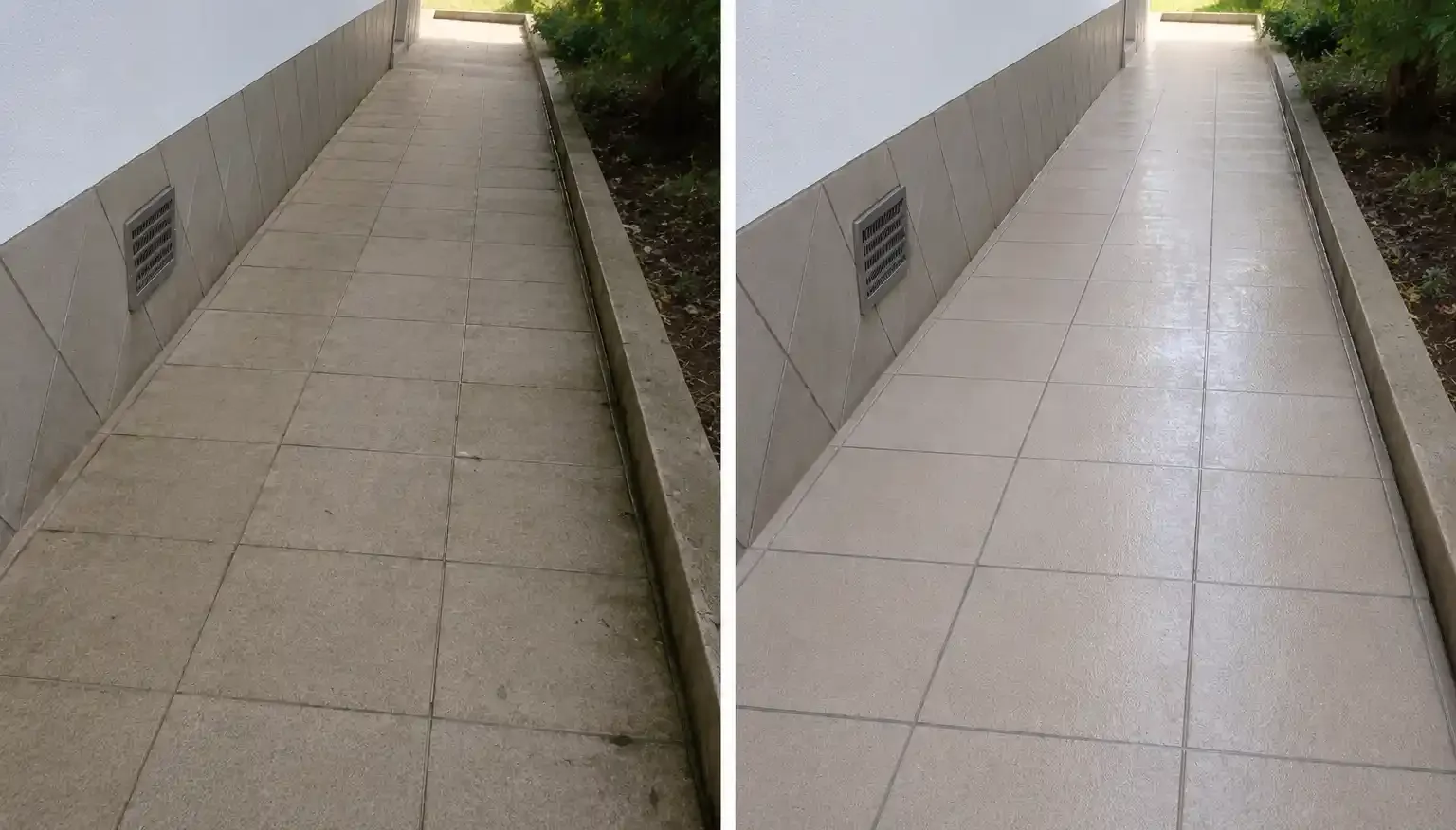 Side-by-side comparison of a sidewalk before and after cleaning, showing the difference in cleanliness and appearance of the tiled surface.