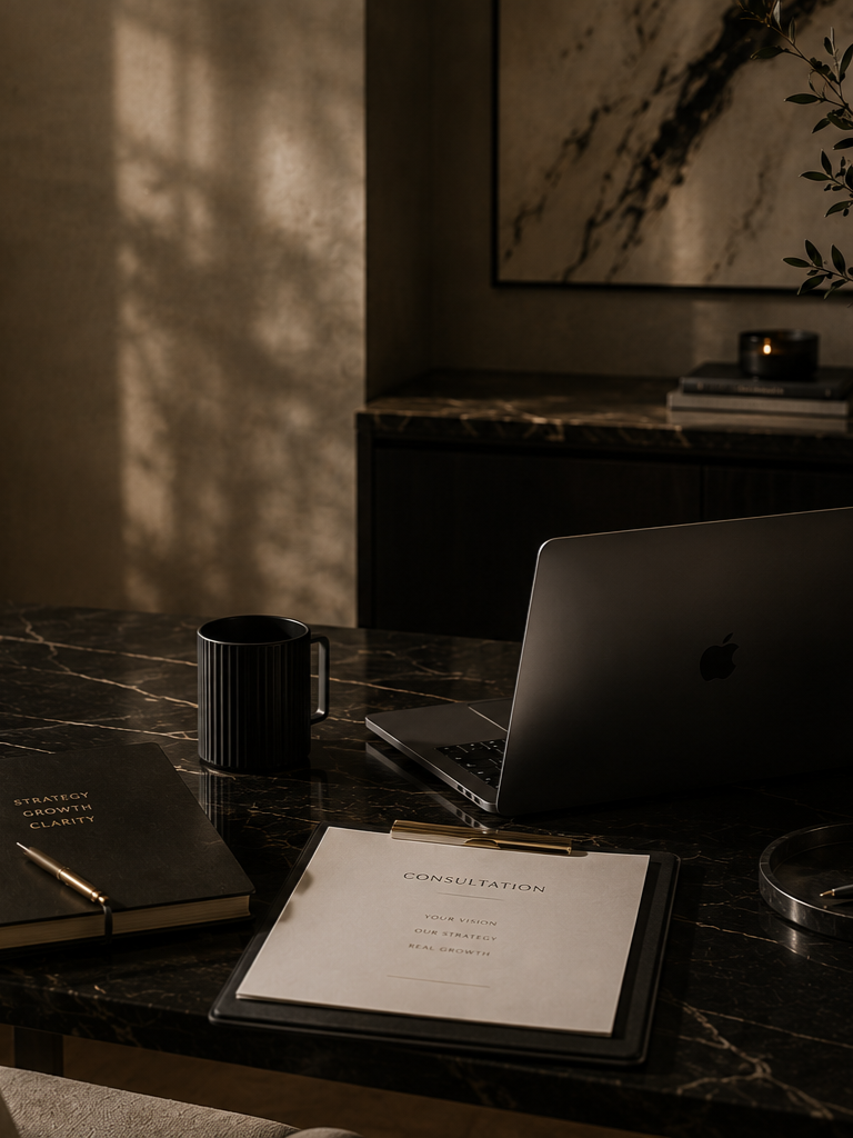 A dark marble desk with a black mug, a silver laptop, a black notebook labeled 'Strategy Growth Clarity,' and a clipboard labeled 'Consultation' with text about vision and strategy. In the background, there is a marble artwork with shadows cast on the wall.