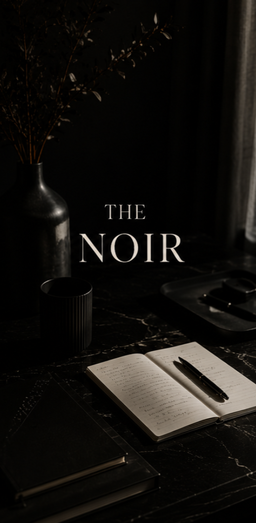 A dark, moody workspace featuring an open notebook with handwritten notes, a black pen, stacked closed notebooks, a black striped cup, and a black vase with plant stems, with the title 'The Noir' displayed prominently.
