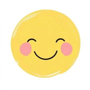 A smiling yellow face emoji with pink cheeks and closed eyes.
