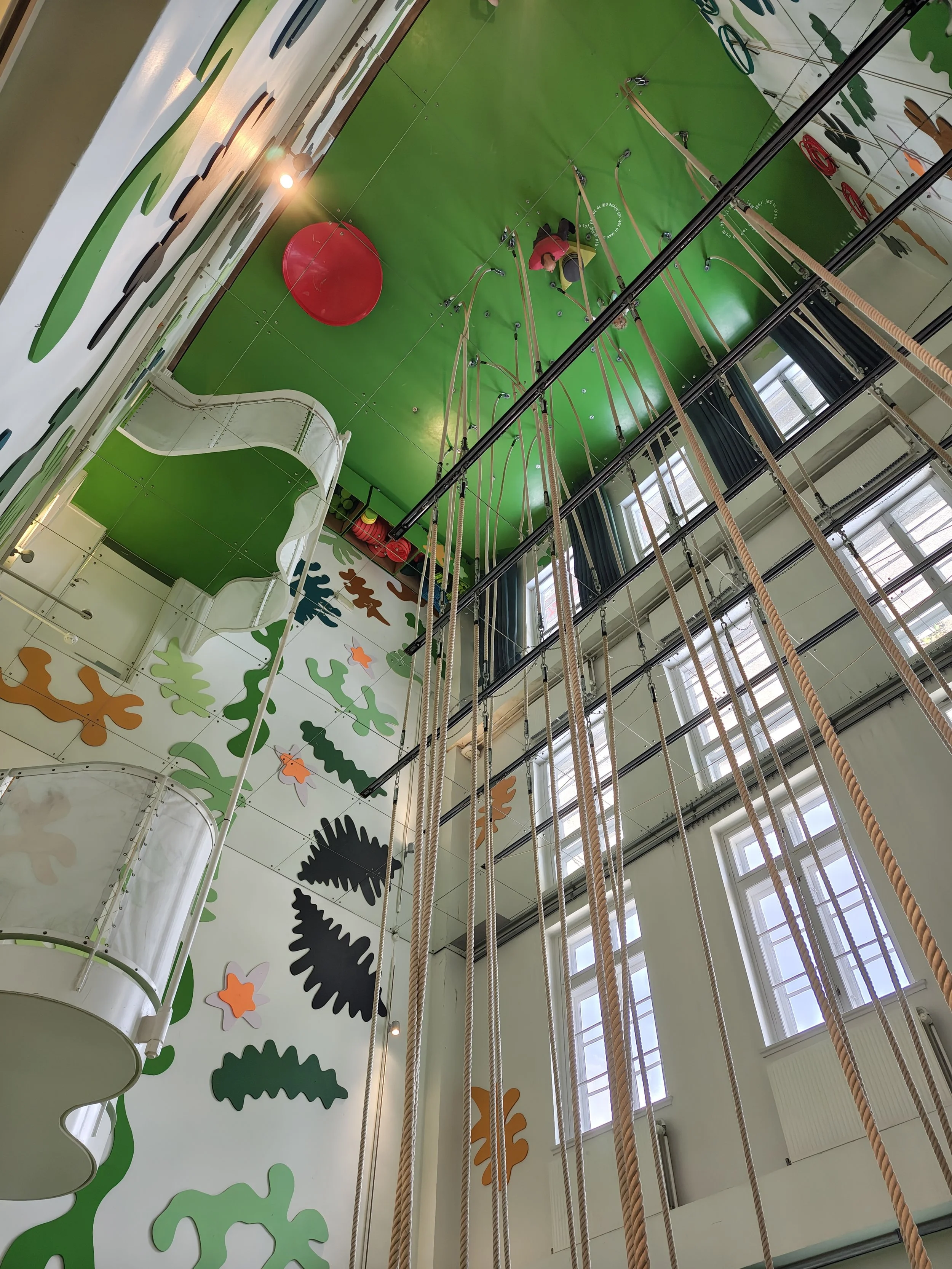 Indoor climbing gym with various climbing walls, ropes, and a large round red climbing hold attached to a green wall, with windows allowing natural light.