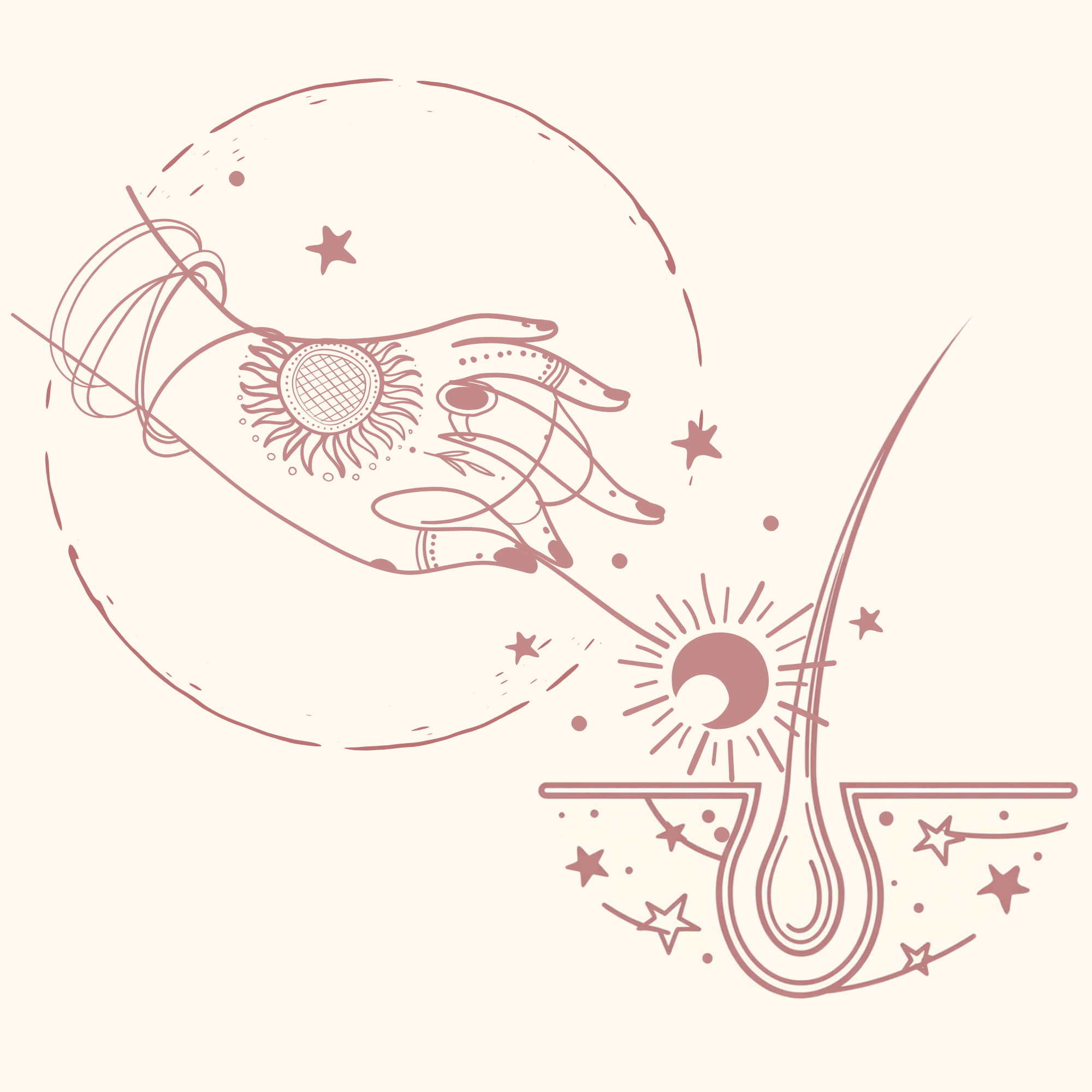 Line drawing of a hand pointing a wand at a hair with celestial and abstract elements, including stars, the sun, moon, and geometric shapes, on a beige background.