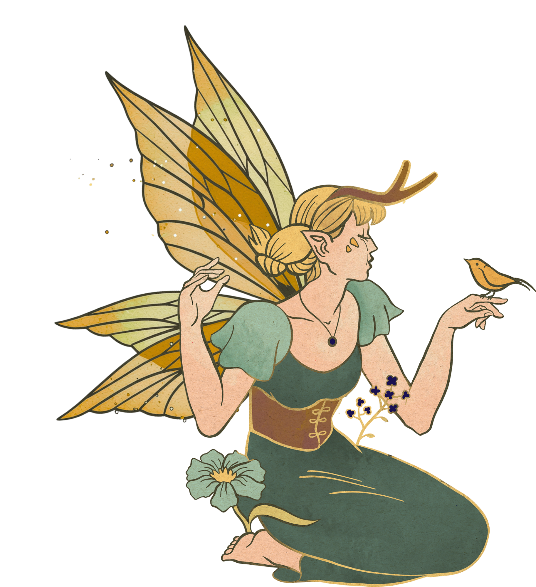 An artistic illustration of a fairy with detailed orange and yellow wings, long hair, and elf-like ears, holding a blue flower and surrounded by nature.