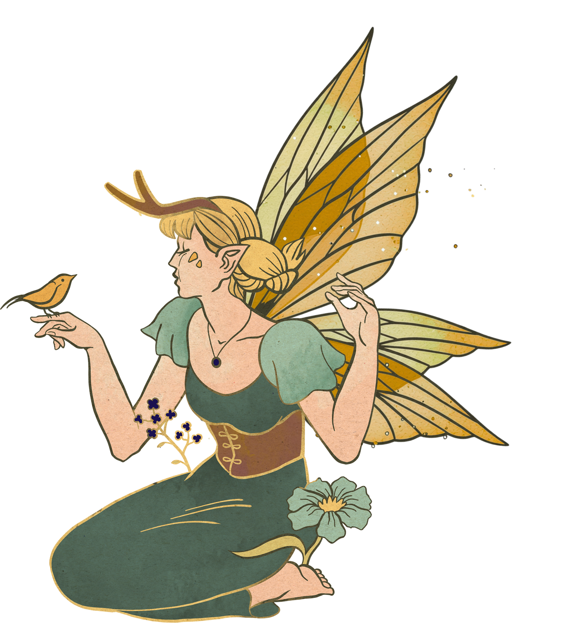 A fantasy fairy with butterfly wings, blonde hair, pointed ears, sitting in a peaceful pose, with a small bird nearby and a flower in front.
