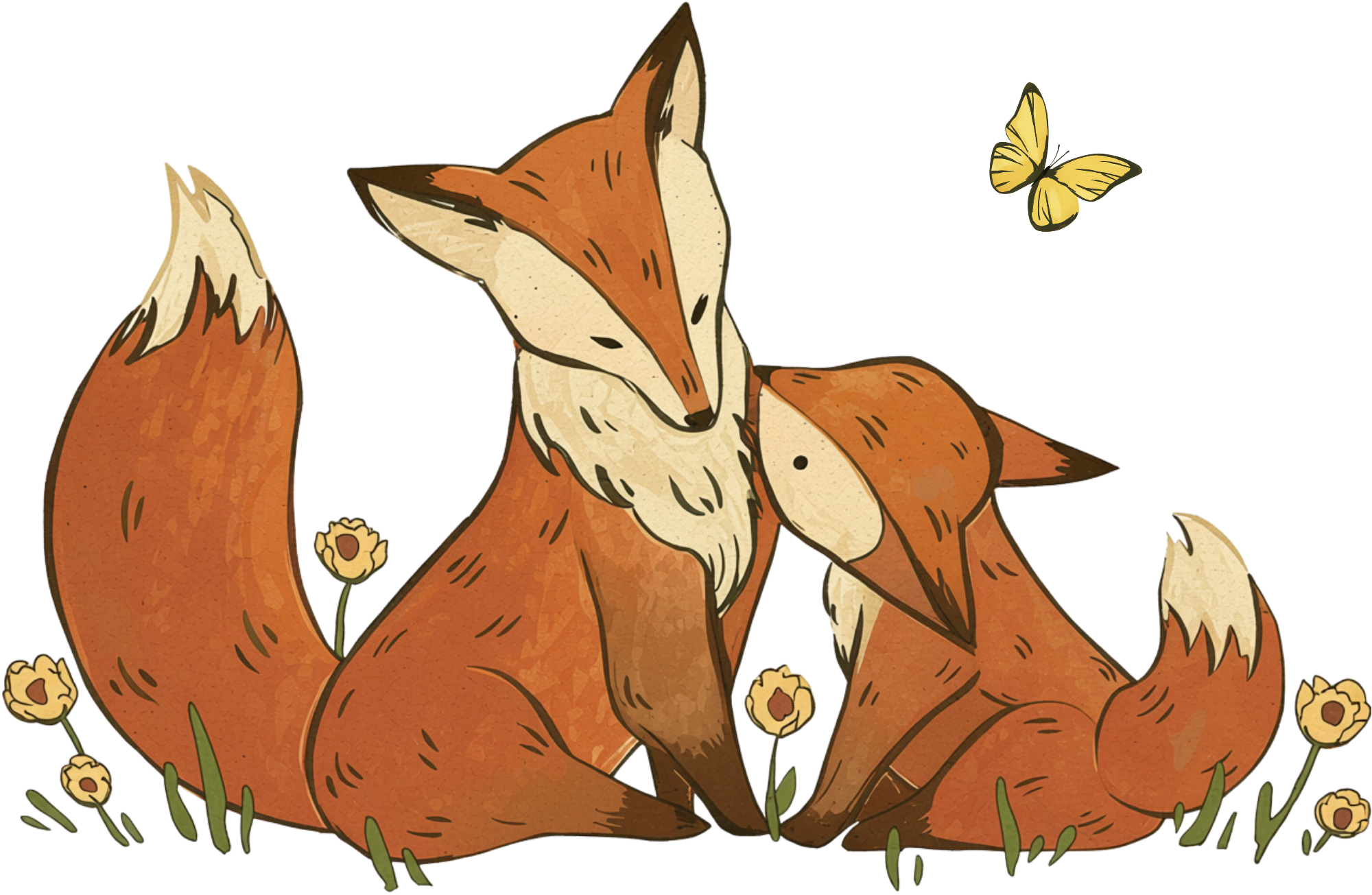 Illustration of a sitting fox with a bushy tail and a butterfly flying nearby in a grassy area with small flowers.