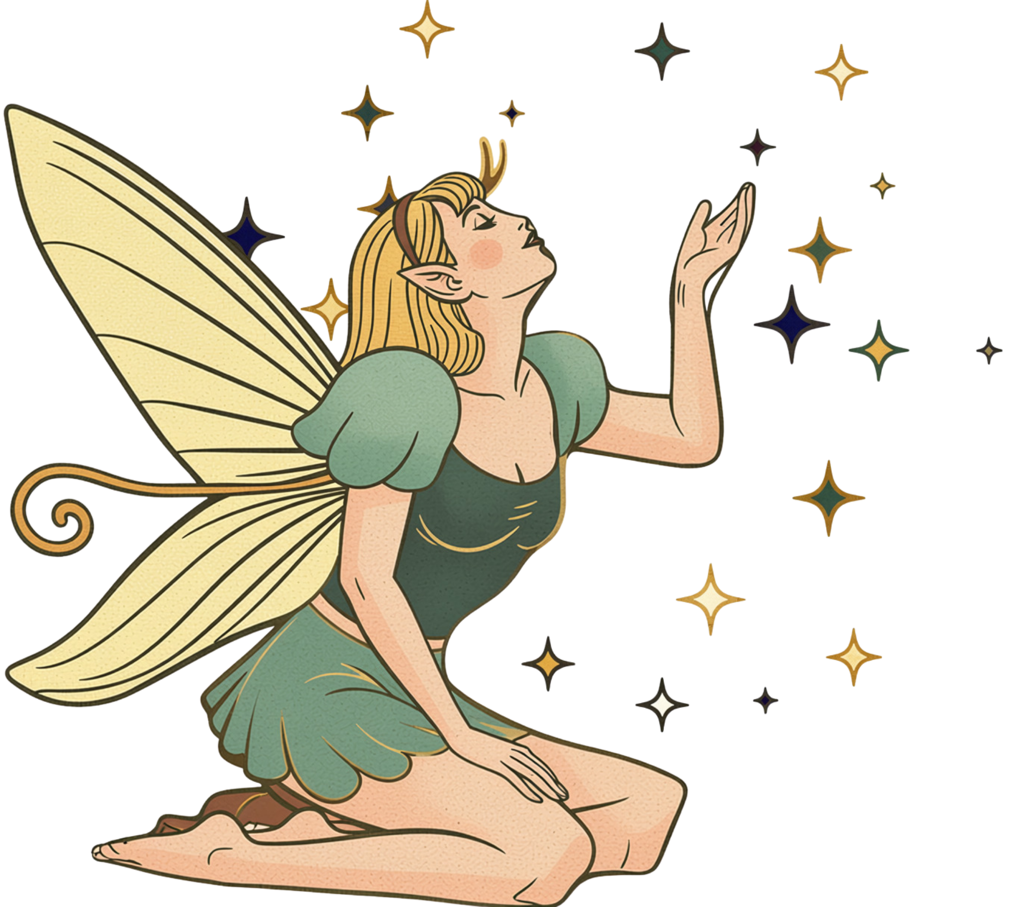 A cartoon fairy with blonde hair, pointed elf ears, and green dress with butterfly-like wings, blowing sparkling fairy dust.