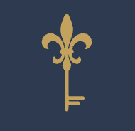 Gold fleur-de-lis key on a dark background