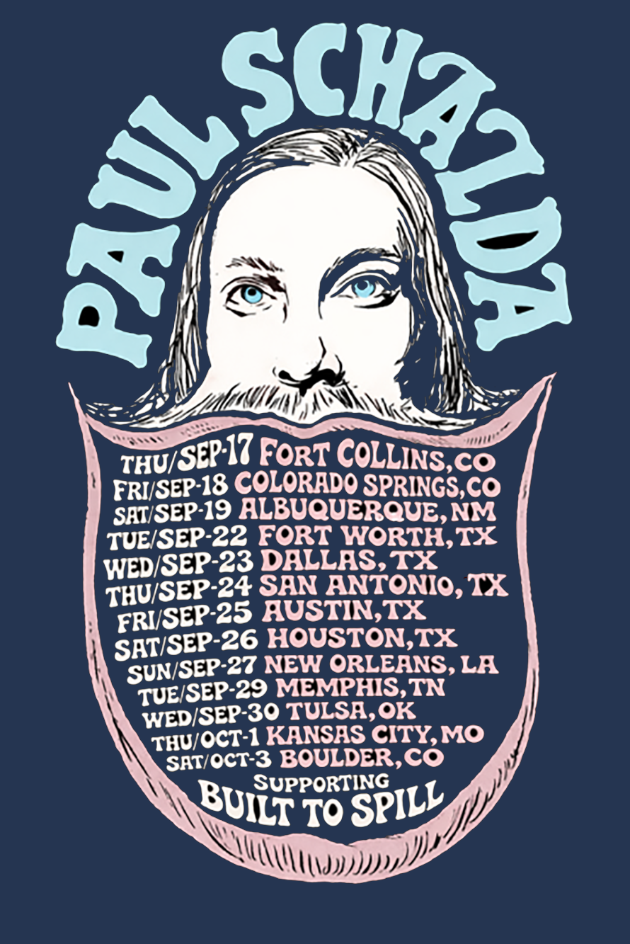 Poster featuring a black and white illustration of Jesus Christ with long hair and blue eyes. The poster has the words 'PAUL SCHAUDY' above his head and a list of tour dates and locations below, from September 17 to October 3, spanning various cities in the US. The phrase 'Support: Built to Spill' is at the bottom.