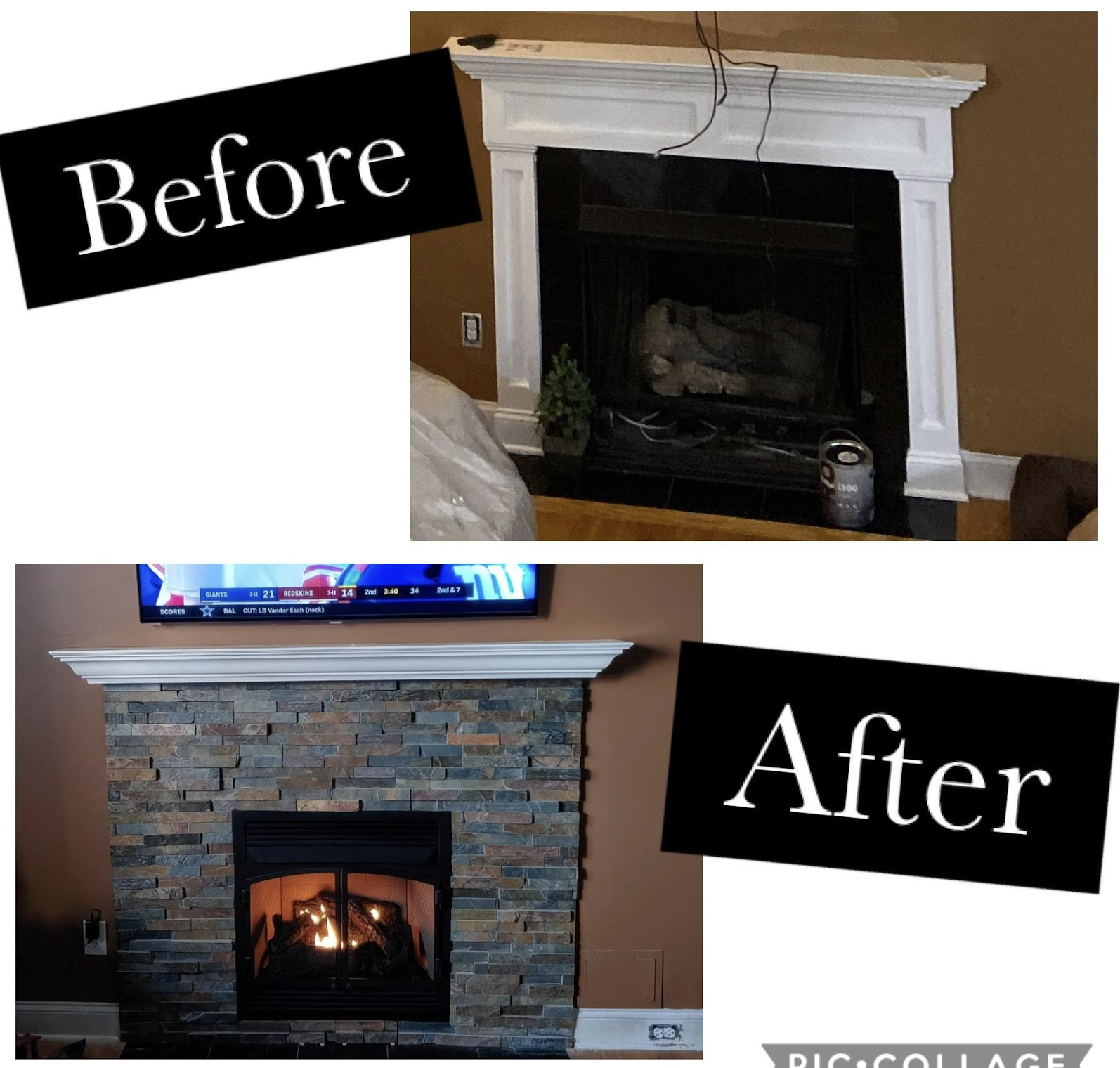 Comparison of a living room fireplace area before and after renovation. The 'before' shows an outdated white mantel with some wires hanging and a small pine tree near the fireplace. The 'after' displays a modernized fireplace with a stone facade and a large mounted television above it.