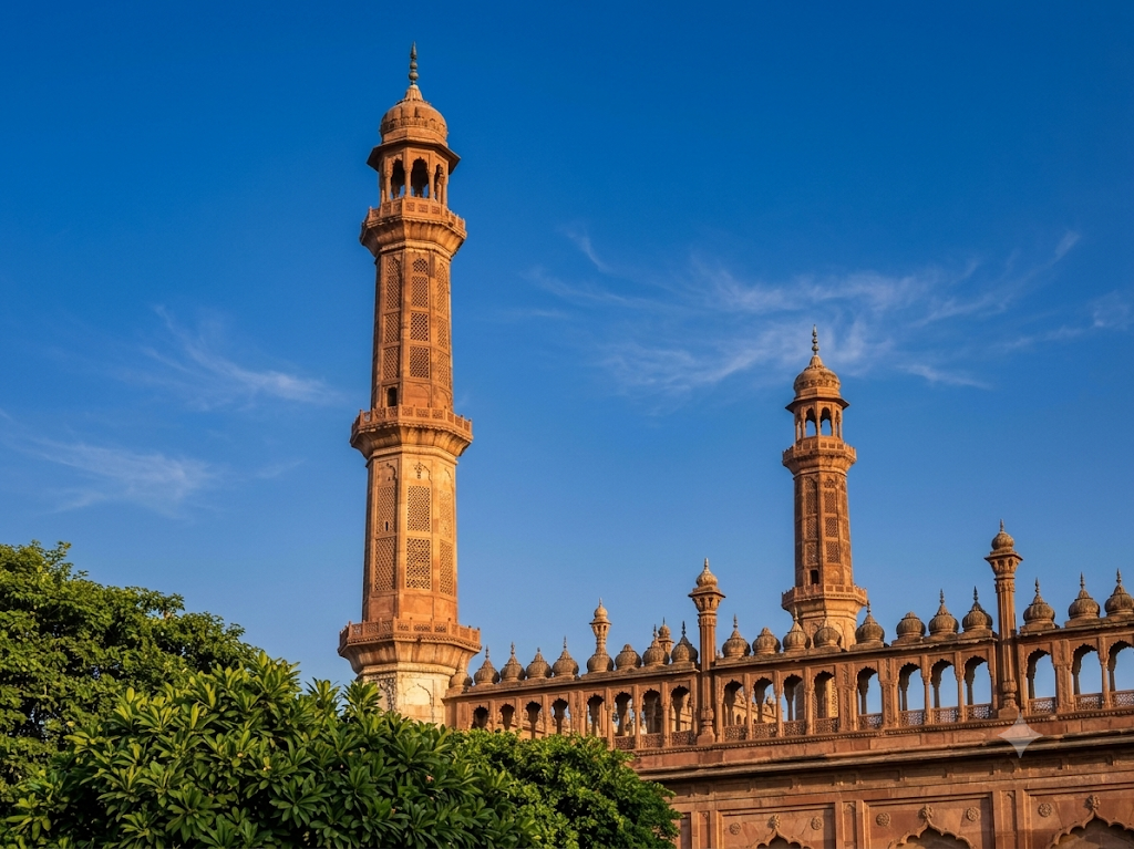 Two tall minarets of a mosque with intricate designs, set against a clear blue sky, with greenery in the foreground.