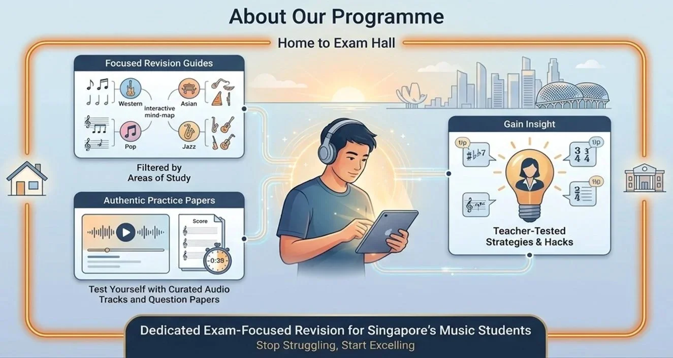 Infographic featuring the offerings of Moritz & Marc Music: sections on revision guides, authentic practice papers, and teacher-tested strategies.