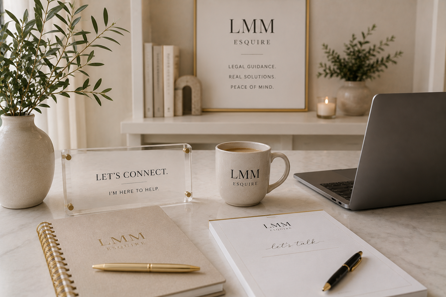 A workspace with a potted green plant, a framed poster for 'LMM Esquire' with the text 'Legal guidance, real solutions, peace of mind,' a clear acrylic sign reading 'Let's connect. I'm here to help,' a beige spiral notebook and a white paper with 'Let's talk' written on it, a gold pen, a ceramic mug with 'LMM Esquire' branding, a laptop, and small decorative items including a candle and smaller potted plant on a side table.