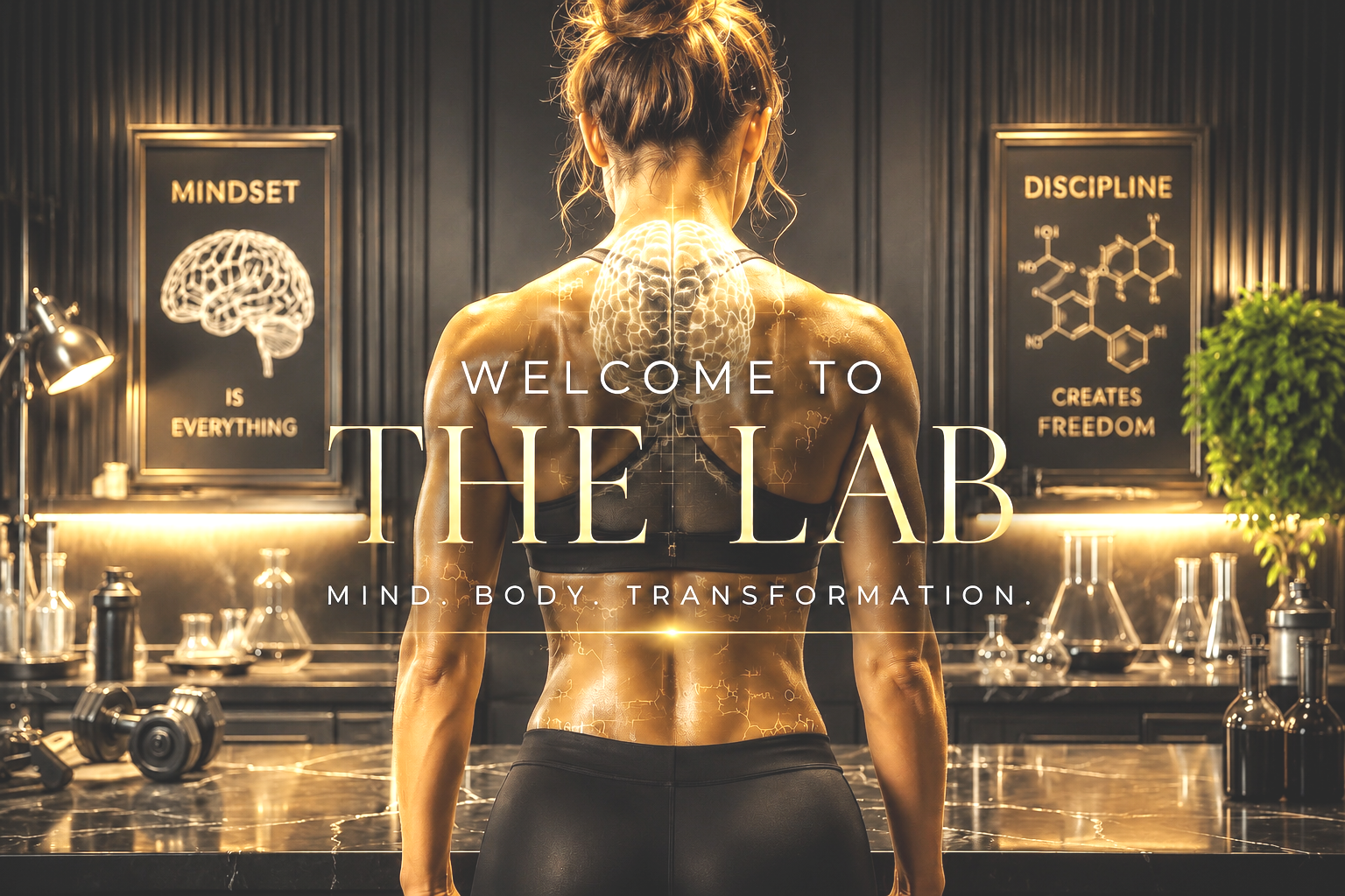 A woman standing in a modern laboratory, with her back turned, surrounded by scientific equipment. Overlay text reads "Welcome to the Lab" and "Mind, Body, Transformation." The background features posters with brain and chemical diagrams and motivational phrases.