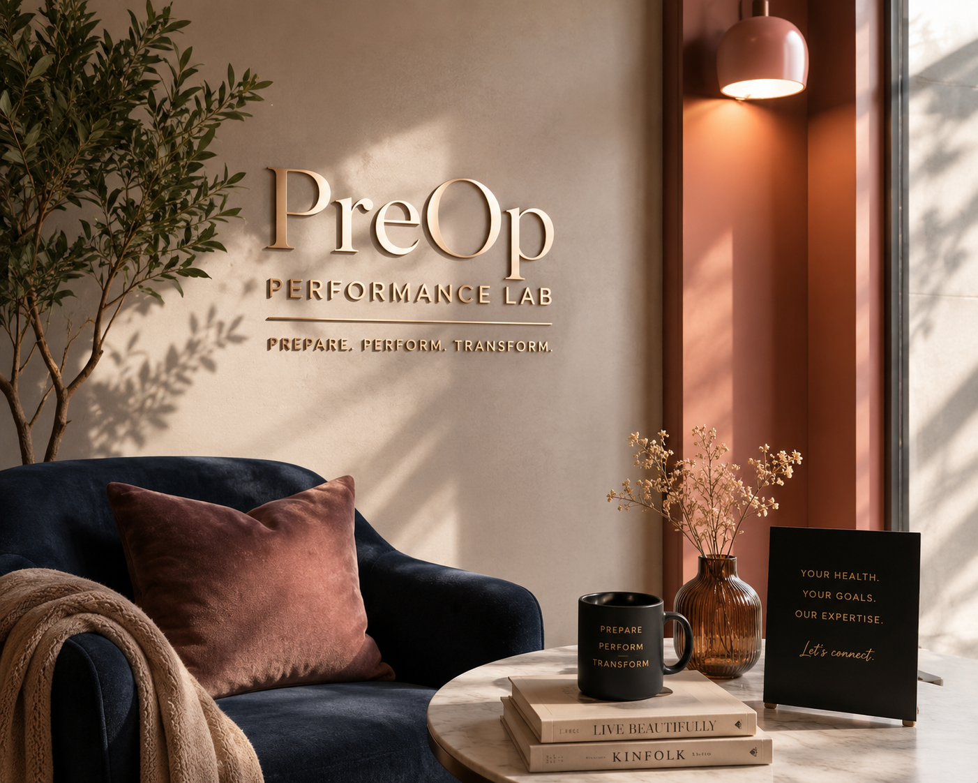 Interior of a wellness or fitness center called PreOp Performance Lab with a beige wall, decorative sign, and motivational decor, including a black mug, a vase with dried flowers, and stacked magazines on a marble table.