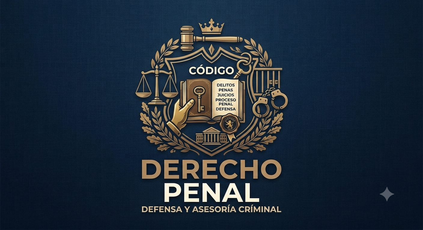 Emblema con balanza, libro, llave, esposas, la palabra 'Código' y una corona en un fondo azul, relacionado con derecho penal, defensa y asesoría criminal.