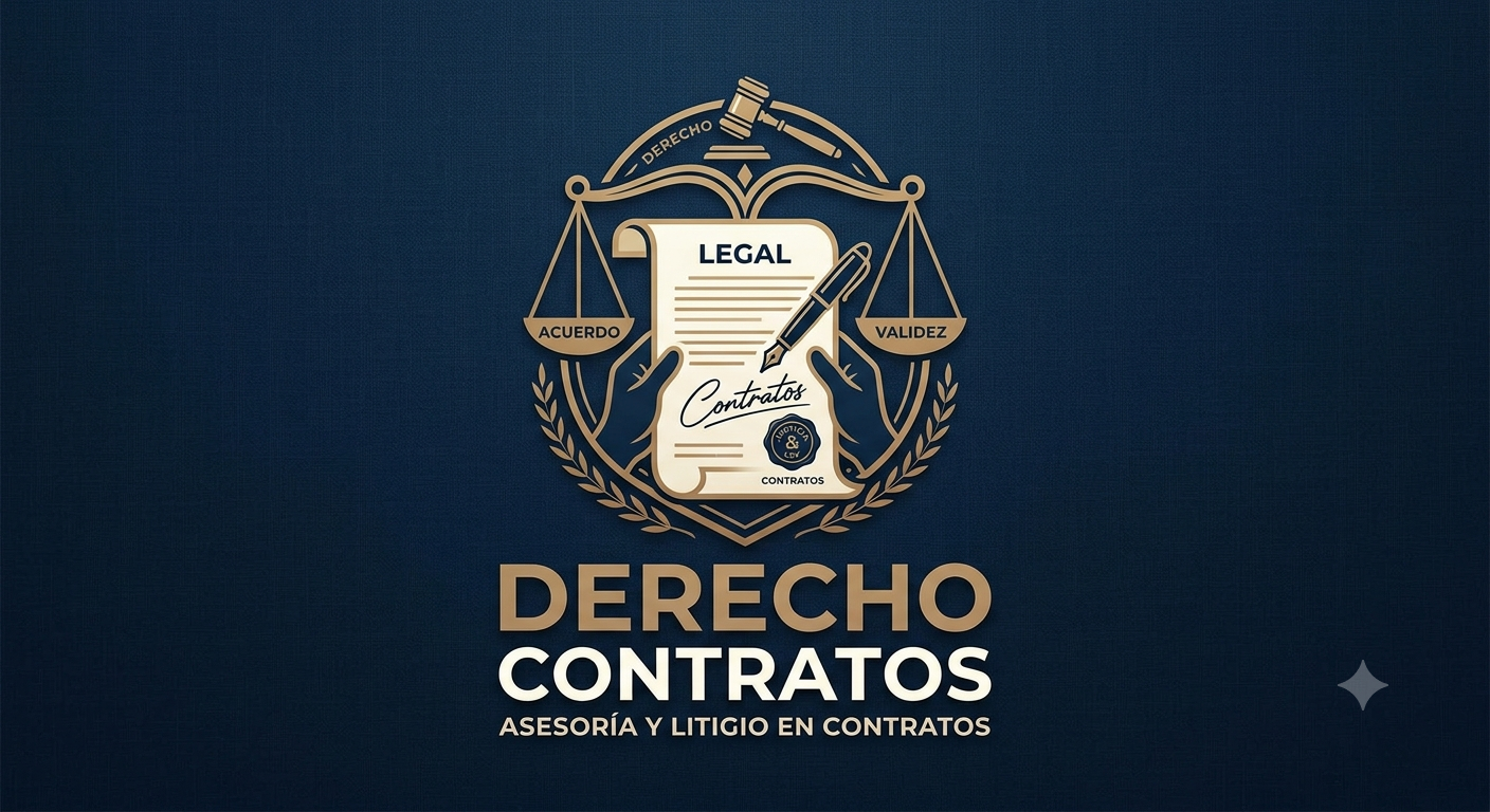 Logo con balanza, documento y pluma con la palabra "LEGAL" en el centro, y las palabras 'Derecho', 'Acuerdo', 'Validez', 'Contratos' y 'Asesoría y Litigio en Contratos'.